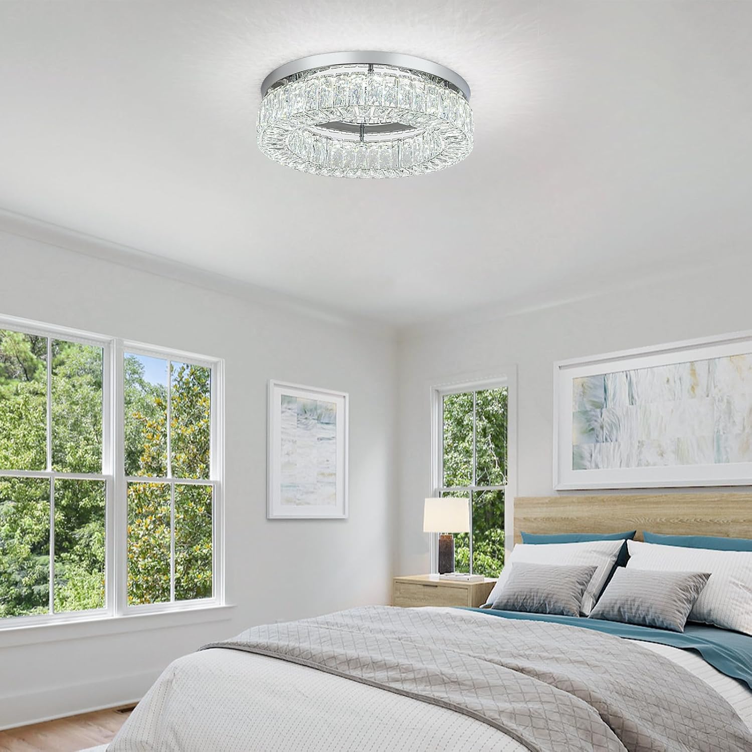 HOPGGIE Lámpara de techo LED de cristal de 18 pulgadas, lámpara de techo de montaje empotrado, lámpara de araña grande de lujo para sala de estar, dormitorio, comedor, armario (blanco frío)