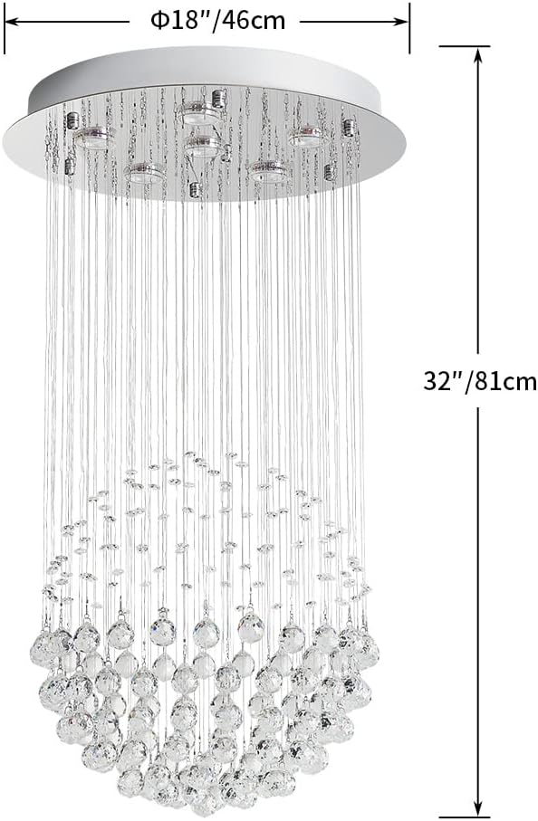 Saint Mossi - Candelabro moderno K9 con gotas de lluvia de cristal, iluminación pareja para montaje; lámpara LED colgante con montaje para techo, para sala, baño, recámara, sala de estar; requiere focos ledes H32 6 GU10, 32 pulgadas de alto x 18 de ancho.