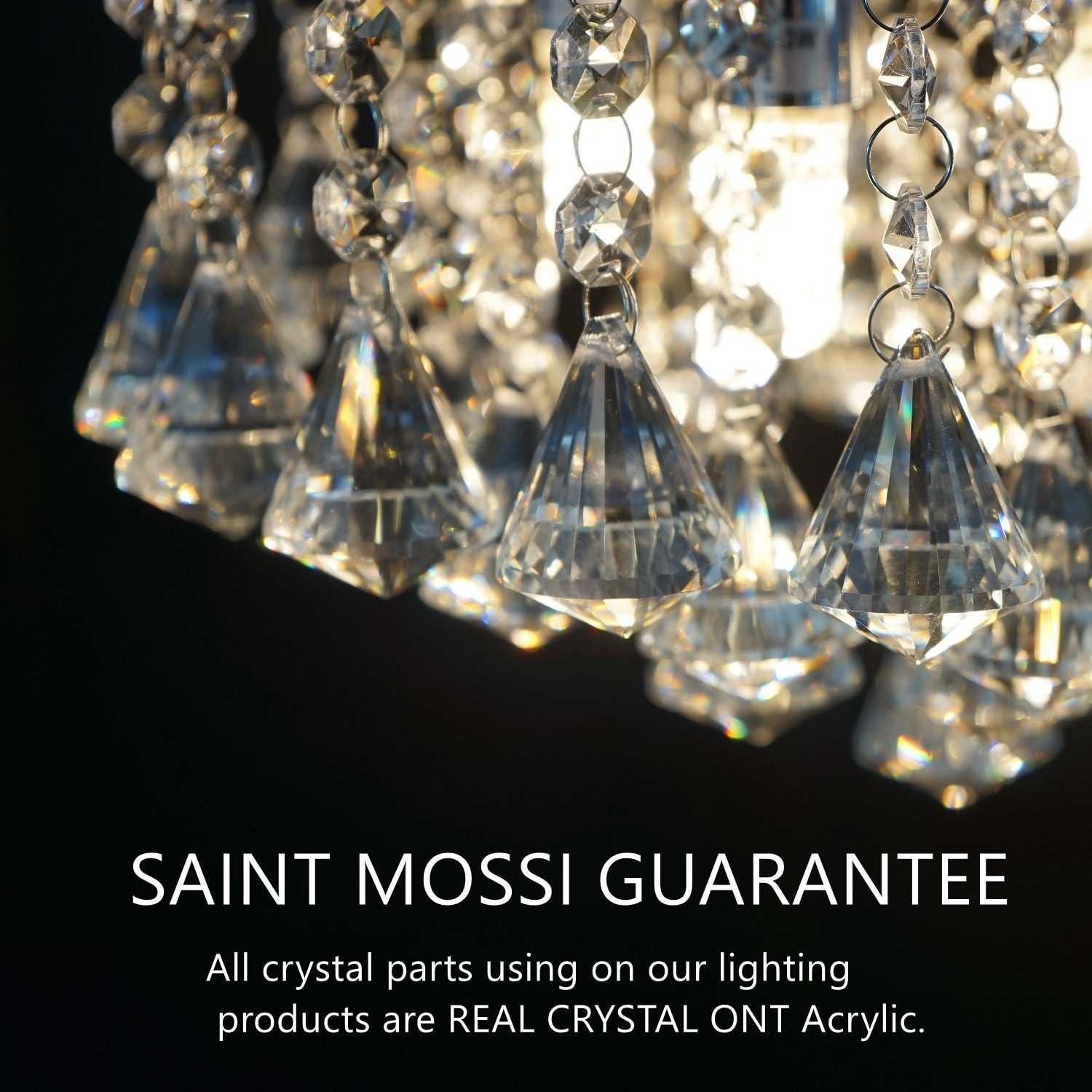 Saint Mossi - Candelabro moderno K9 con gotas de lluvia de cristal, iluminación pareja para montaje; lámpara LED colgante con montaje para techo, para sala, baño, recámara, sala de estar; requiere focos ledes H32 6 GU10, 32 pulgadas de alto x 18 de ancho.