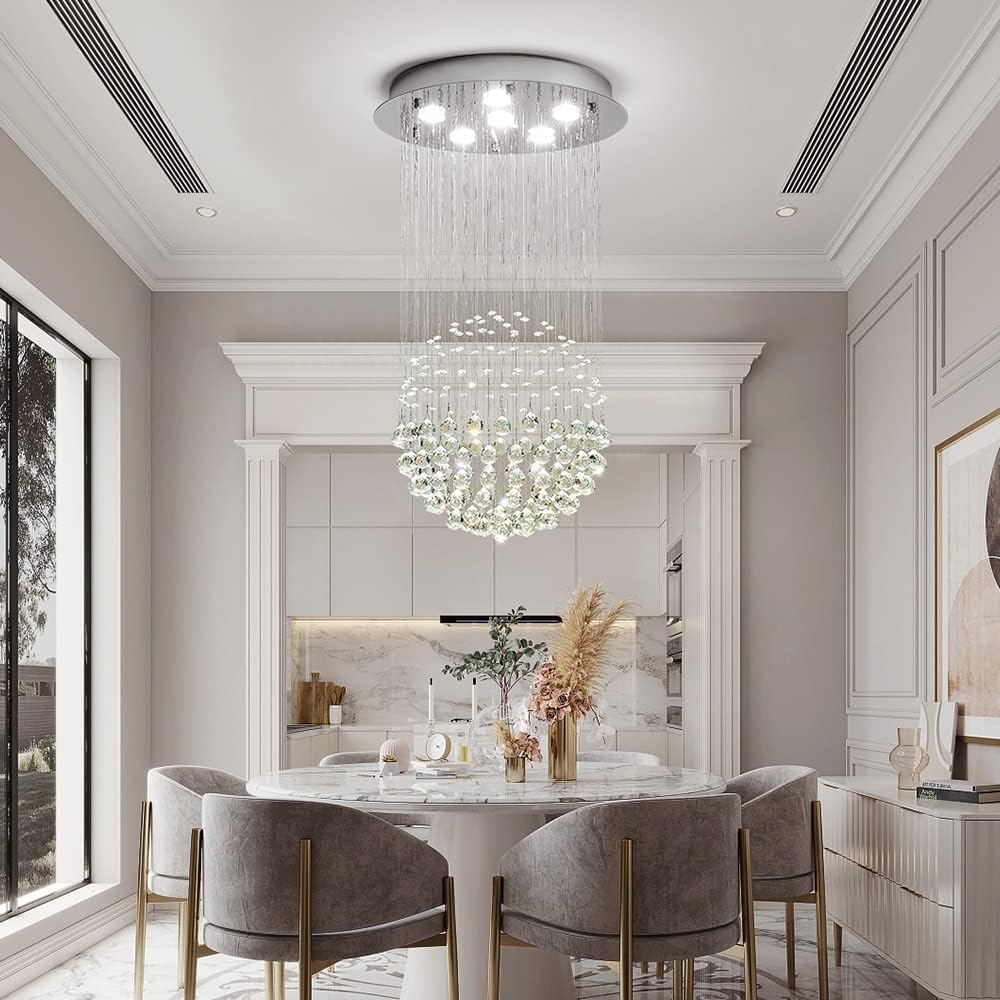 Saint Mossi - Candelabro moderno K9 con gotas de lluvia de cristal, iluminación pareja para montaje; lámpara LED colgante con montaje para techo, para sala, baño, recámara, sala de estar; requiere focos ledes H32 6 GU10, 32 pulgadas de alto x 18 de ancho.