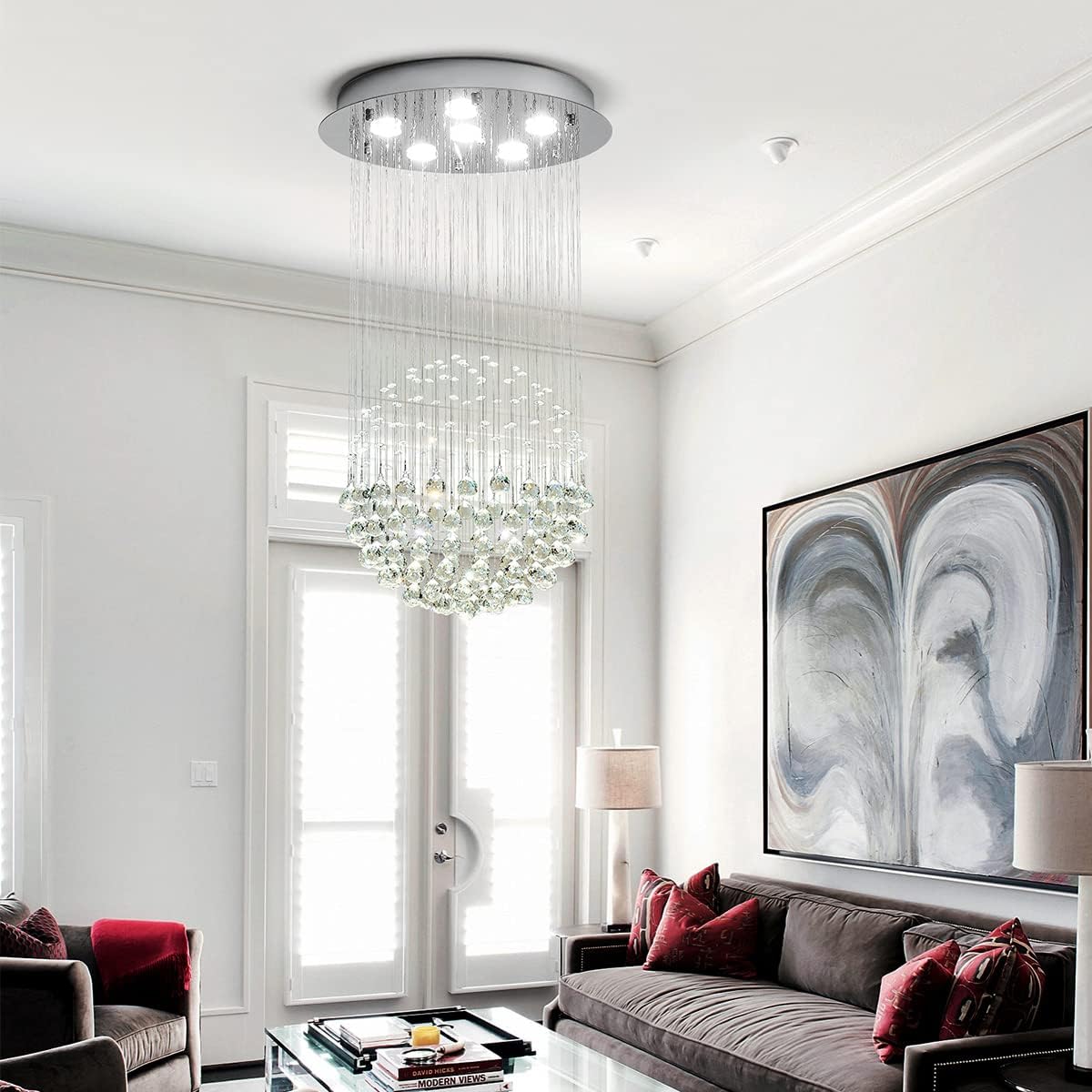 Saint Mossi - Candelabro moderno K9 con gotas de lluvia de cristal, iluminación pareja para montaje; lámpara LED colgante con montaje para techo, para sala, baño, recámara, sala de estar; requiere focos ledes H32 6 GU10, 32 pulgadas de alto x 18 de ancho.