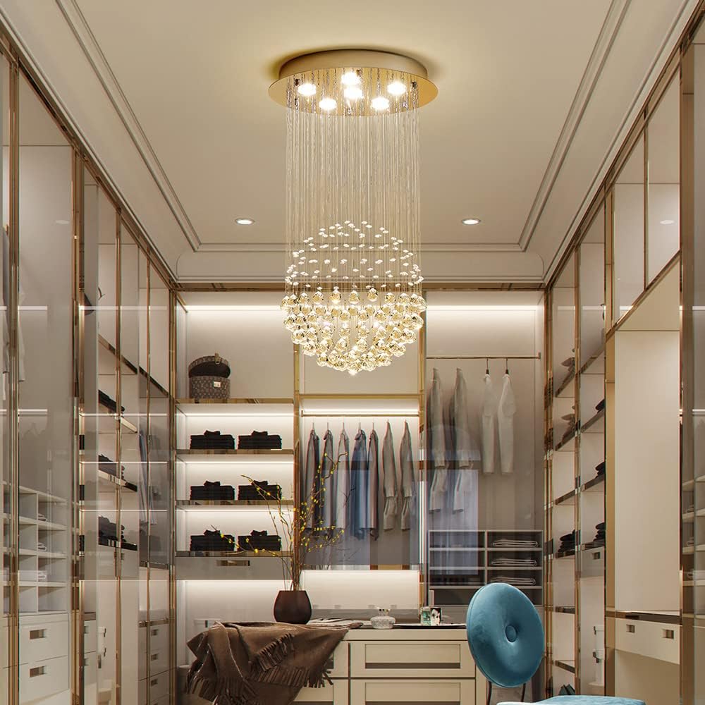 Saint Mossi - Candelabro moderno K9 con gotas de lluvia de cristal, iluminación pareja para montaje; lámpara LED colgante con montaje para techo, para sala, baño, recámara, sala de estar; requiere focos ledes H32 6 GU10, 32 pulgadas de alto x 18 de ancho.