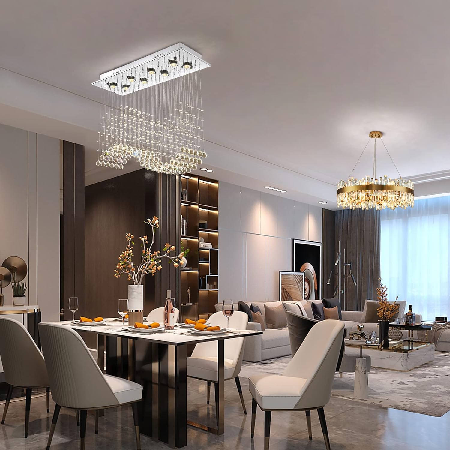 Siljoy Lámpara de araña moderna de cristal, 8 luces rectangulares onduladas con forma de gota de lluvia, lámpara colgante de montaje al ras, accesorio de iluminación para techo para comedor, sala de