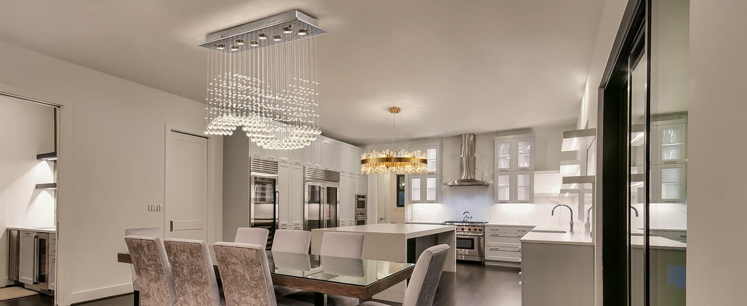 Siljoy Lámpara de araña moderna de cristal, 8 luces rectangulares onduladas con forma de gota de lluvia, lámpara colgante de montaje al ras, accesorio de iluminación para techo para comedor, sala de