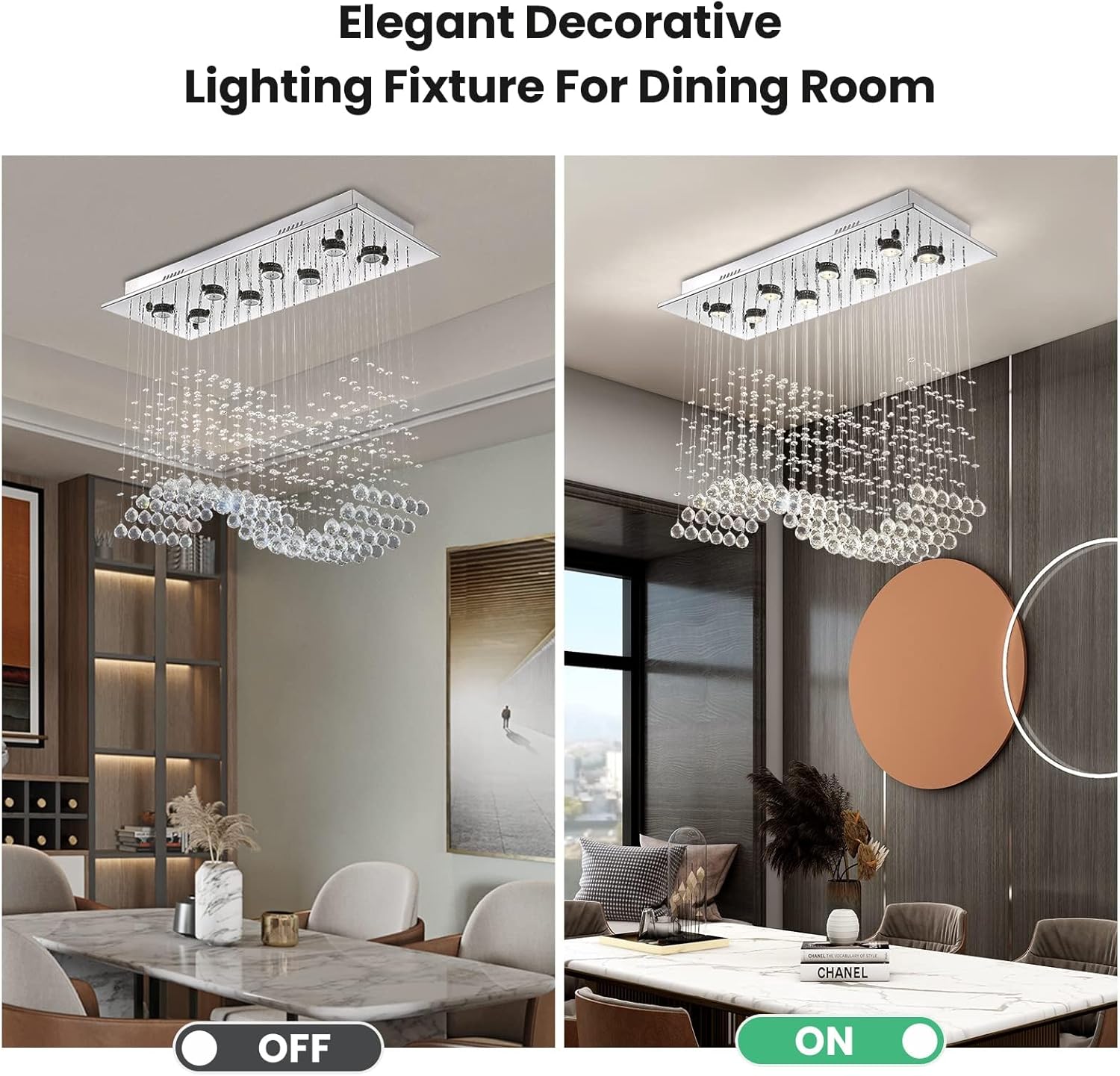 Siljoy Lámpara de araña moderna de cristal, 8 luces rectangulares onduladas con forma de gota de lluvia, lámpara colgante de montaje al ras, accesorio de iluminación para techo para comedor, sala de