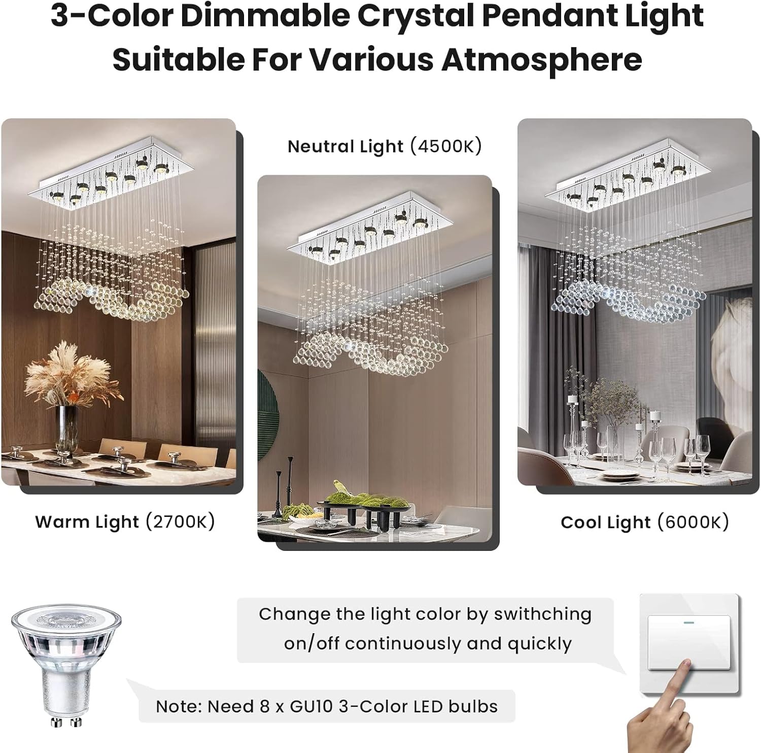 Siljoy Lámpara de araña moderna de cristal, 8 luces rectangulares onduladas con forma de gota de lluvia, lámpara colgante de montaje al ras, accesorio de iluminación para techo para comedor, sala de