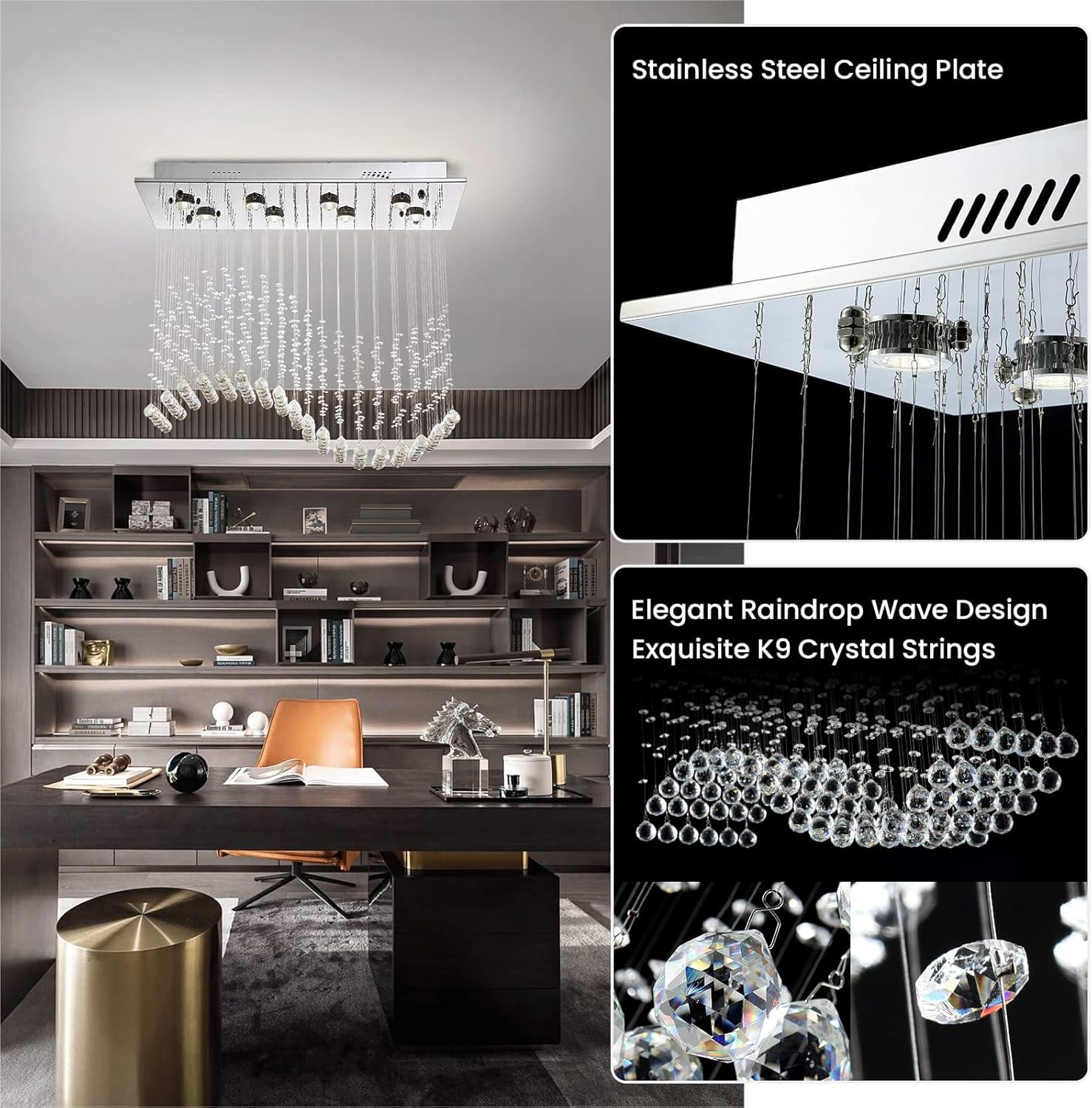 Siljoy Lámpara de araña moderna de cristal, 8 luces rectangulares onduladas con forma de gota de lluvia, lámpara colgante de montaje al ras, accesorio de iluminación para techo para comedor, sala de