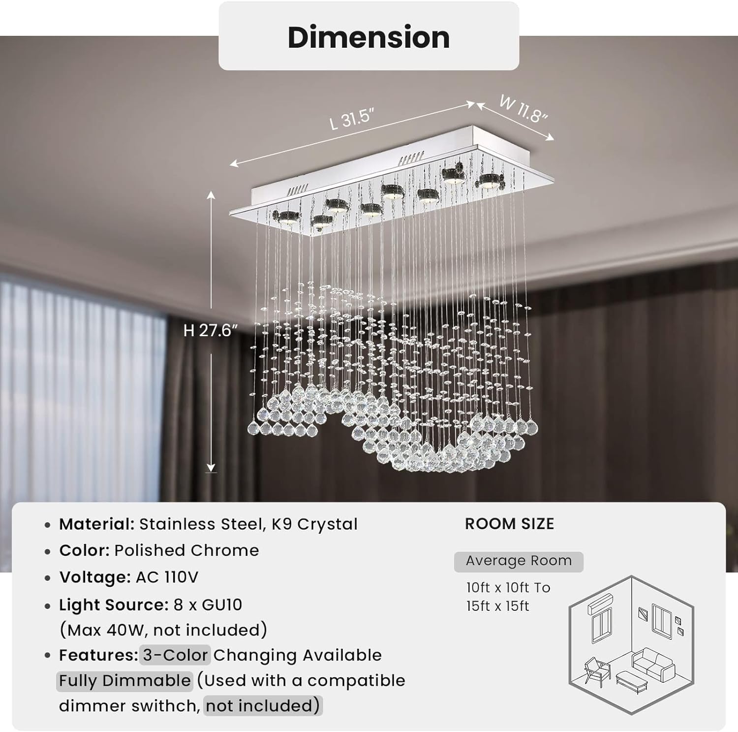 Siljoy Lámpara de araña moderna de cristal, 8 luces rectangulares onduladas con forma de gota de lluvia, lámpara colgante de montaje al ras, accesorio de iluminación para techo para comedor, sala de
