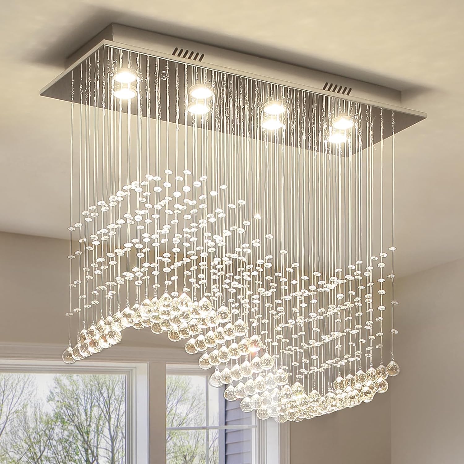 Siljoy Lámpara de araña moderna de cristal, 8 luces rectangulares onduladas con forma de gota de lluvia, lámpara colgante de montaje al ras, accesorio de iluminación para techo para comedor, sala de