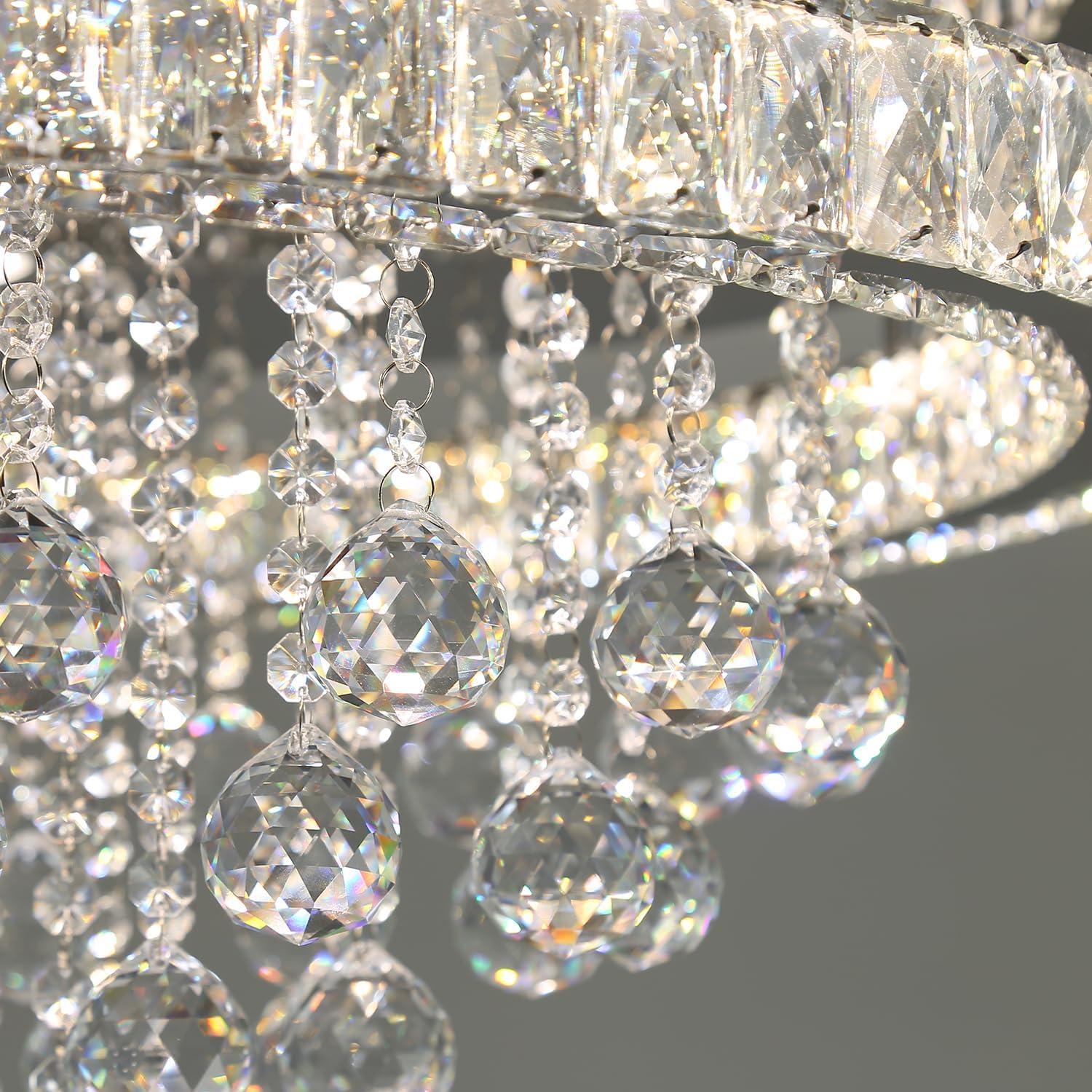 Candelabros modernos de cristal de 24 pulgadas de diámetro para comedor, lámpara de gota de lluvia plateada, candelabros de montaje al ras para sala de estar, dormitorios, comedor