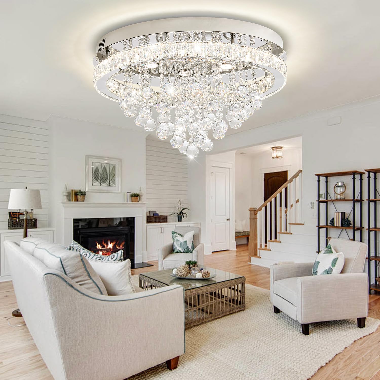 Candelabros modernos de cristal de 24 pulgadas de diámetro para comedor, lámpara de gota de lluvia plateada, candelabros de montaje al ras para sala de estar, dormitorios, comedor