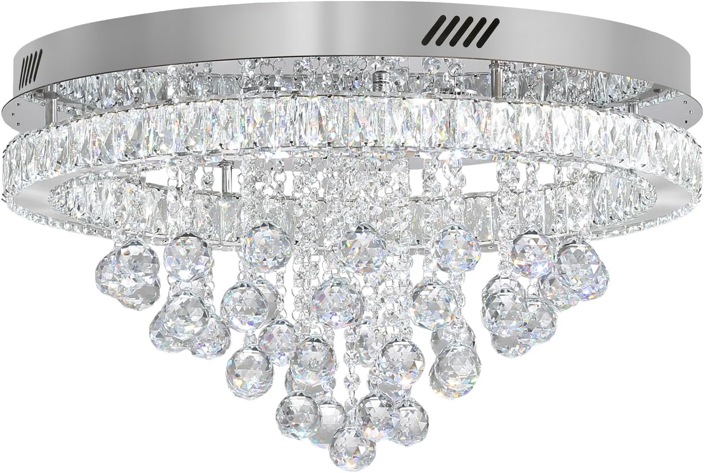 Candelabros modernos de cristal de 24 pulgadas de diámetro para comedor, lámpara de gota de lluvia plateada, candelabros de montaje al ras para sala de estar, dormitorios, comedor