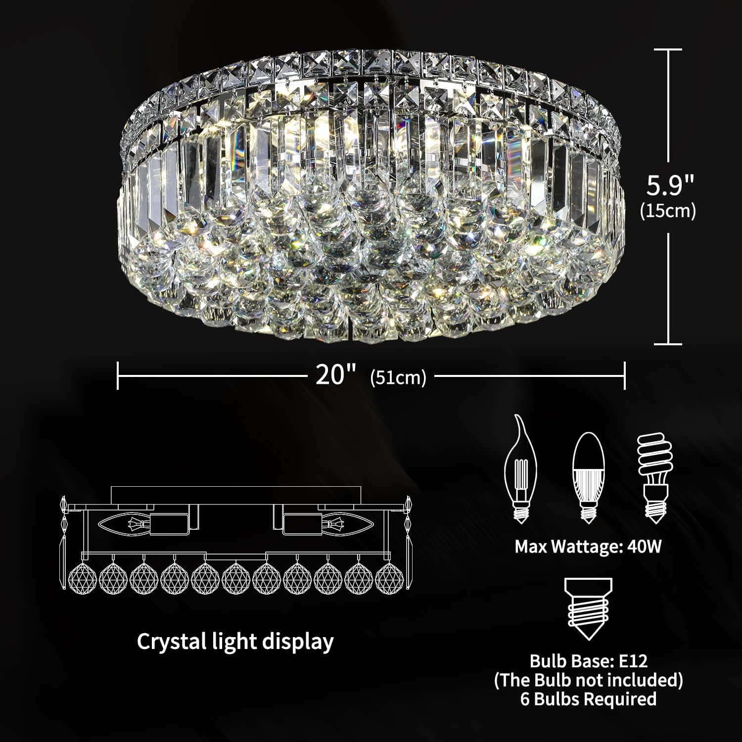 Lámpara de Araña de Cristal Empotrada de 6 Luces con Cristales K9, Luces de Techo Modernas, Lámpara Colgante Elegante para Dormitorio, Pasillo, Bar, Sala de Estar, Comedor, A5.9 xA20 pulgadas