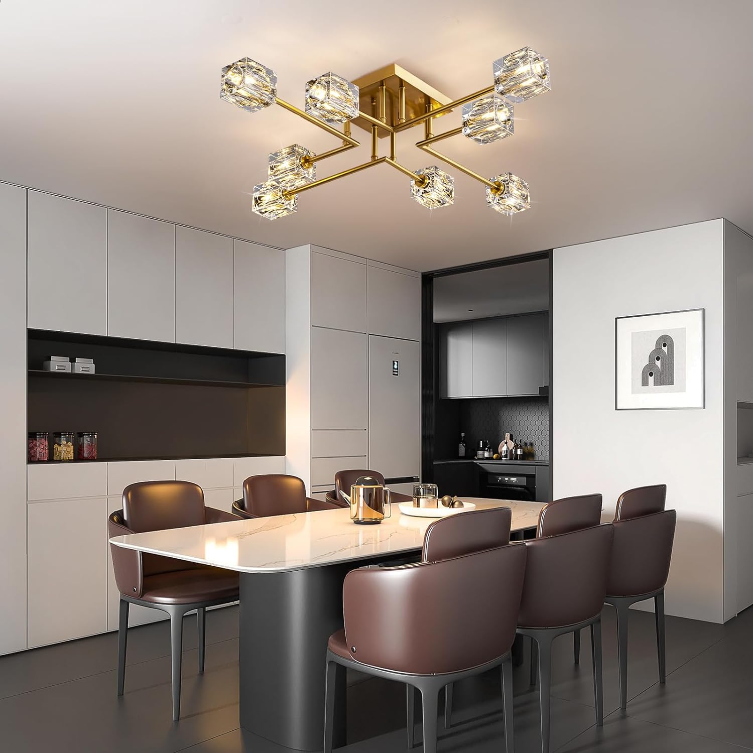 Lámpara de techo moderna de cristal, lámpara de techo semiempotrada con 8 luces, candelabros Sputnik dorados para dormitorio, comedor, cocina de granja, oficina, sala de estar