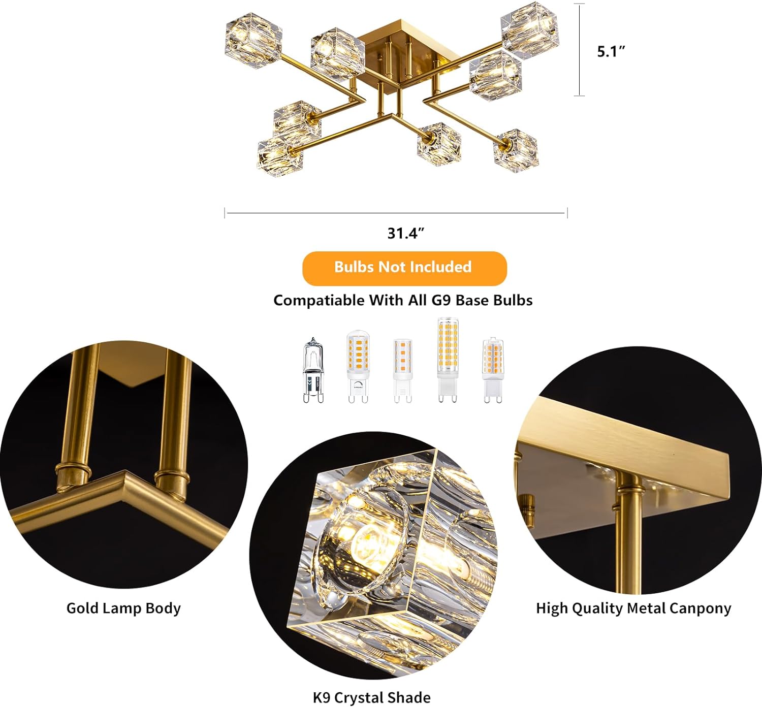 Lámpara de techo moderna de cristal, lámpara de techo semiempotrada con 8 luces, candelabros Sputnik dorados para dormitorio, comedor, cocina de granja, oficina, sala de estar