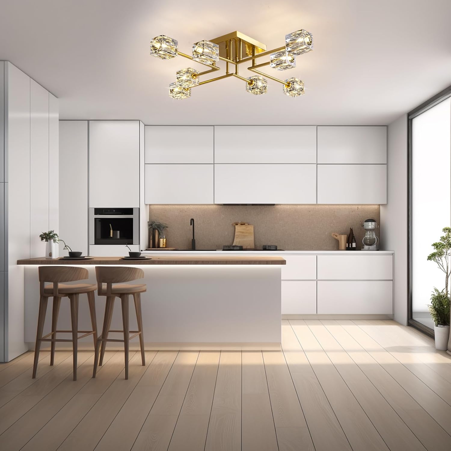 Lámpara de techo moderna de cristal, lámpara de techo semiempotrada con 8 luces, candelabros Sputnik dorados para dormitorio, comedor, cocina de granja, oficina, sala de estar