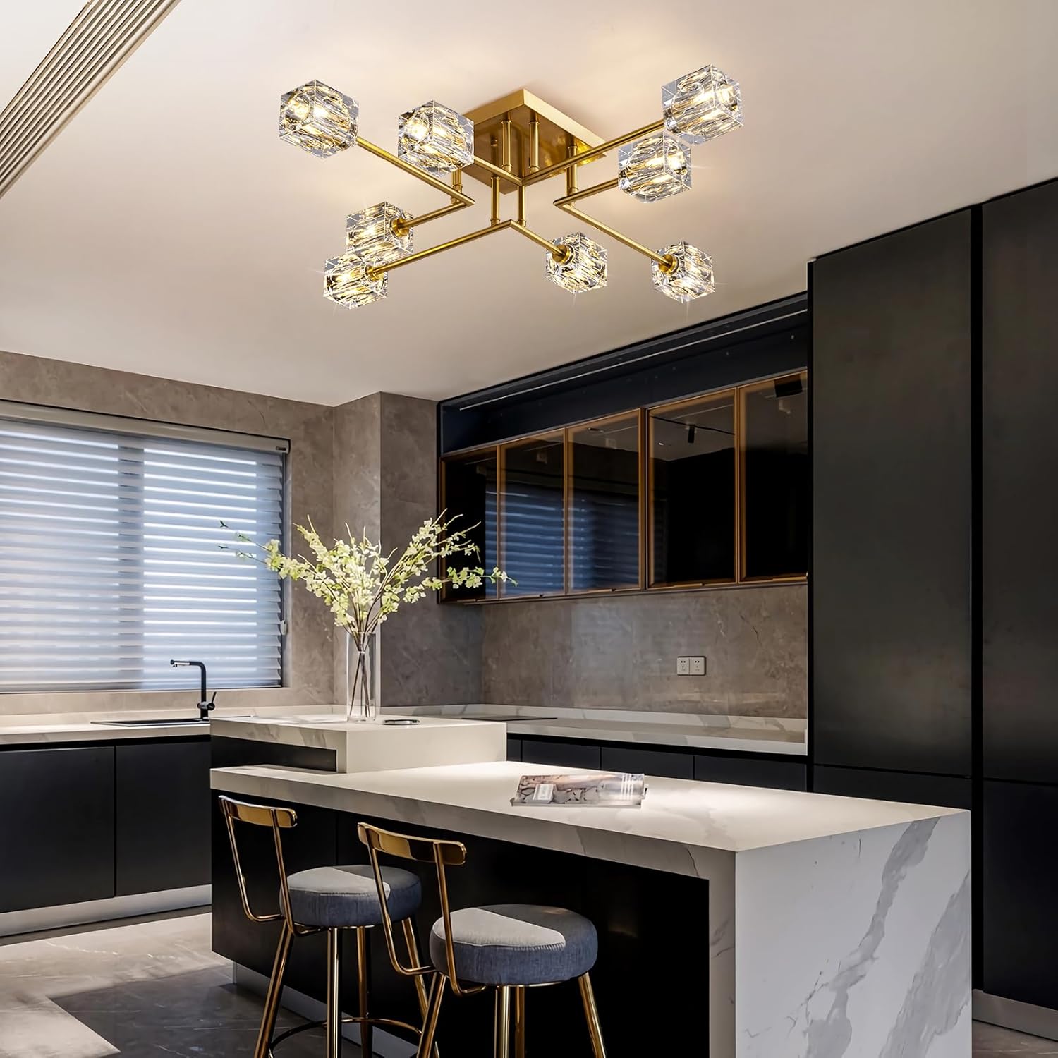 Lámpara de techo moderna de cristal, lámpara de techo semiempotrada con 8 luces, candelabros Sputnik dorados para dormitorio, comedor, cocina de granja, oficina, sala de estar