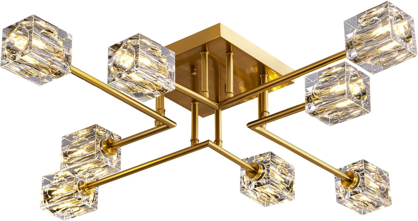 Lámpara de techo moderna de cristal, lámpara de techo semiempotrada con 8 luces, candelabros Sputnik dorados para dormitorio, comedor, cocina de granja, oficina, sala de estar