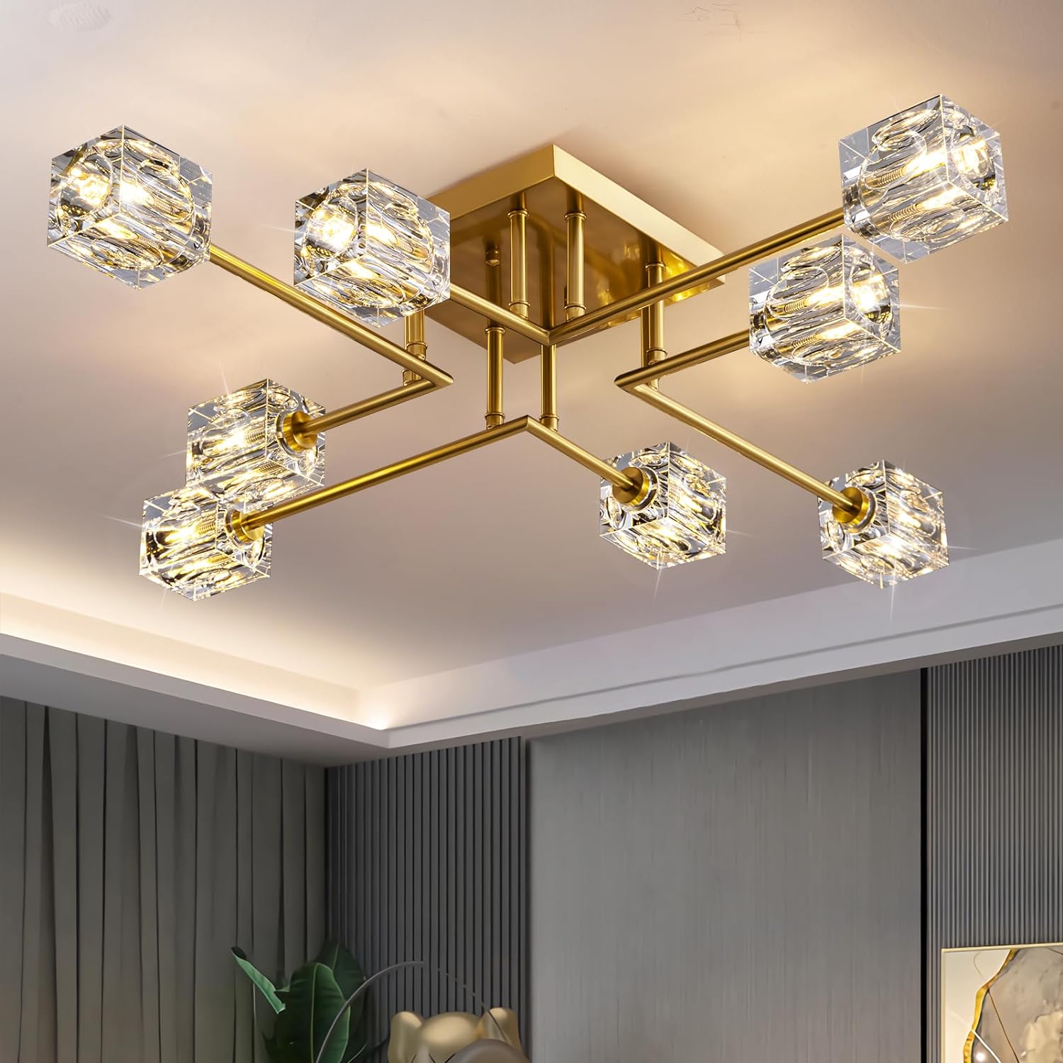 Lámpara de techo moderna de cristal, lámpara de techo semiempotrada con 8 luces, candelabros Sputnik dorados para dormitorio, comedor, cocina de granja, oficina, sala de estar