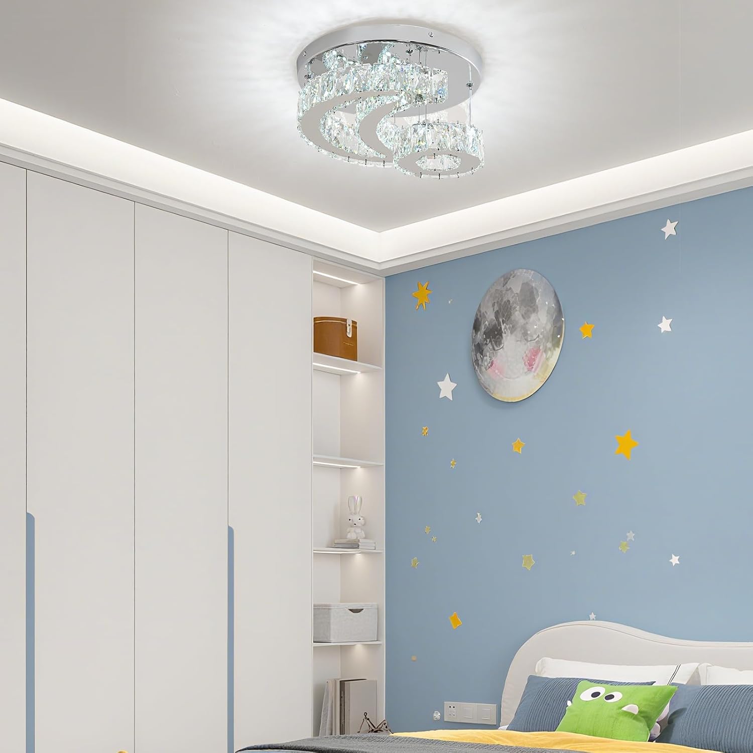 Candelabros de Cristal de 11.8" Luz de Techo de Cristal Moderna LED Luz de Estrella Luna Candelabro Semi Empotrado Lámpara de Techo para Comedor Dormitorio Pasillo (6000K Blanco Frío)