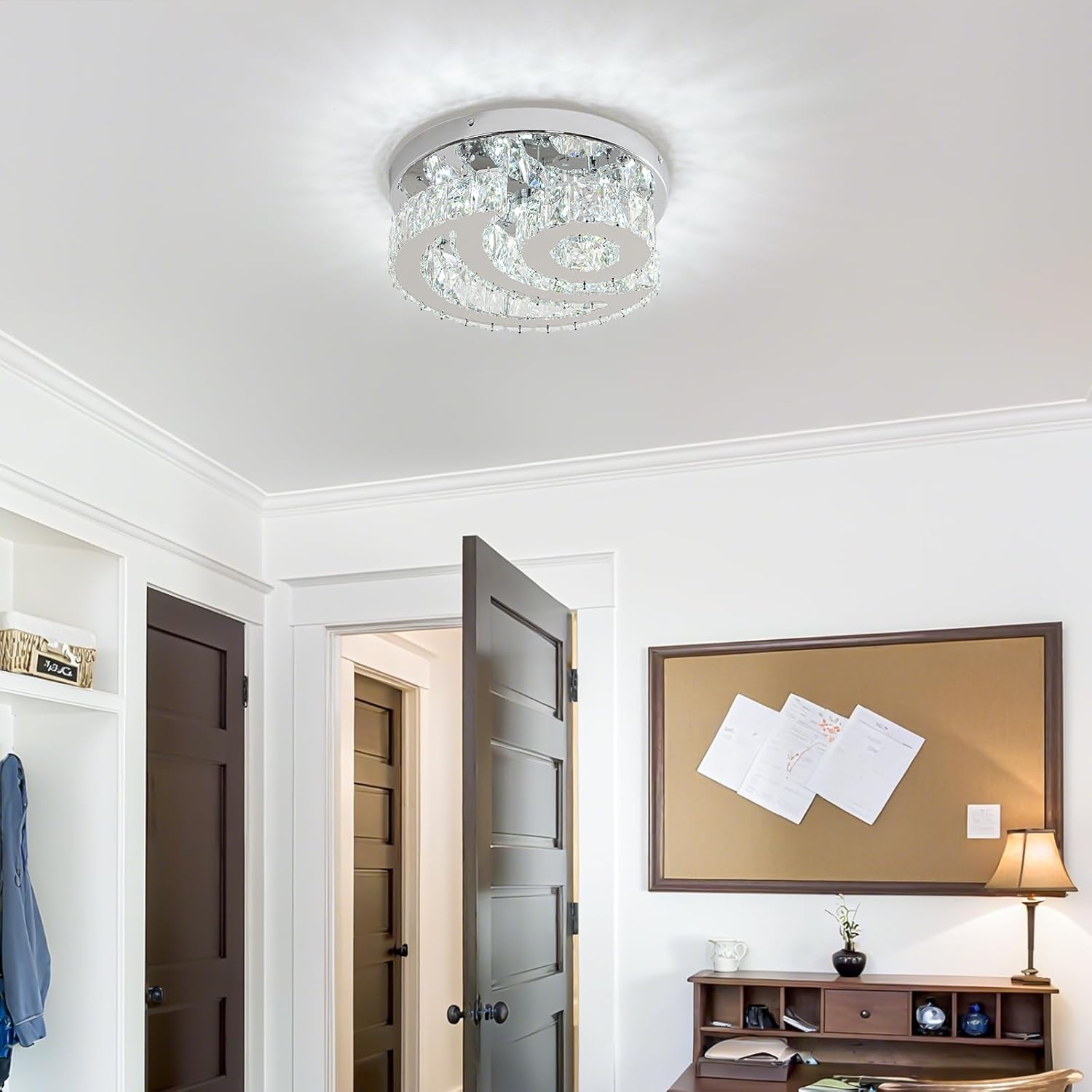 Candelabros de Cristal de 11.8" Luz de Techo de Cristal Moderna LED Luz de Estrella Luna Candelabro Semi Empotrado Lámpara de Techo para Comedor Dormitorio Pasillo (6000K Blanco Frío)