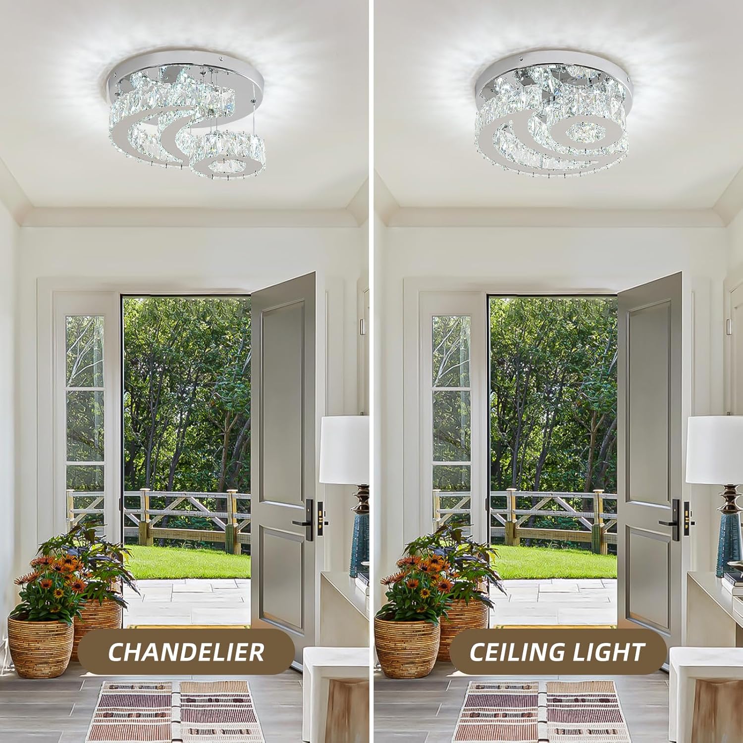 Candelabros de Cristal de 11.8" Luz de Techo de Cristal Moderna LED Luz de Estrella Luna Candelabro Semi Empotrado Lámpara de Techo para Comedor Dormitorio Pasillo (6000K Blanco Frío)