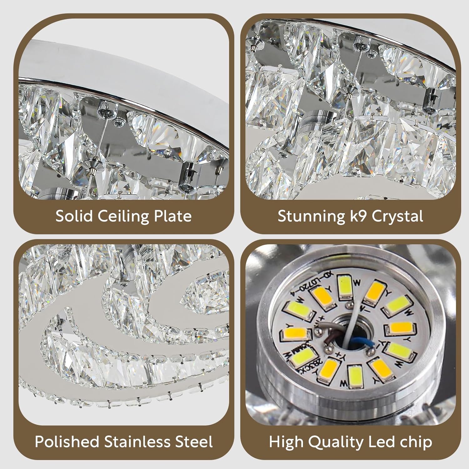 Candelabros de Cristal de 11.8" Luz de Techo de Cristal Moderna LED Luz de Estrella Luna Candelabro Semi Empotrado Lámpara de Techo para Comedor Dormitorio Pasillo (6000K Blanco Frío)