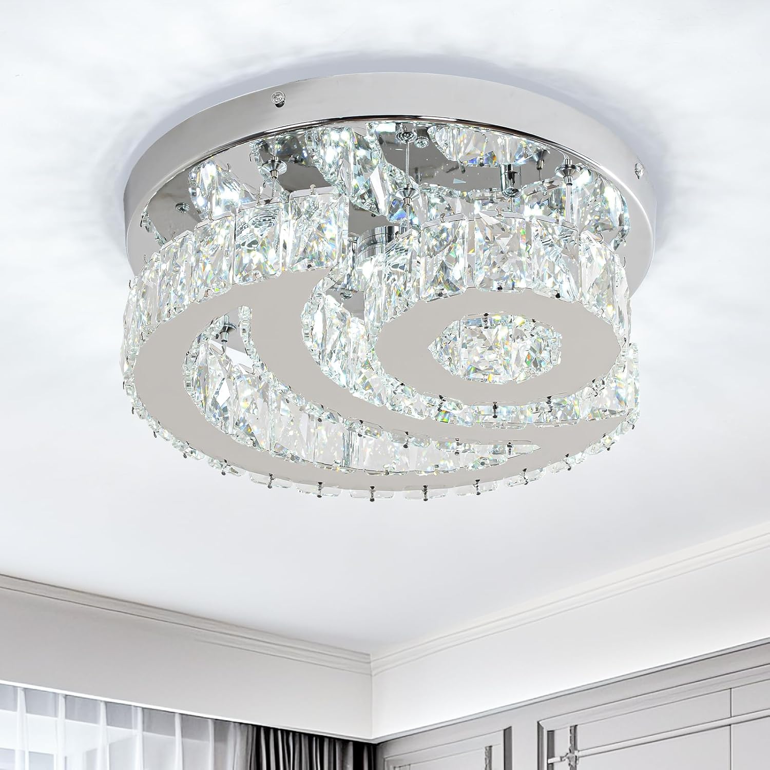 Candelabros de Cristal de 11.8" Luz de Techo de Cristal Moderna LED Luz de Estrella Luna Candelabro Semi Empotrado Lámpara de Techo para Comedor Dormitorio Pasillo (6000K Blanco Frío)