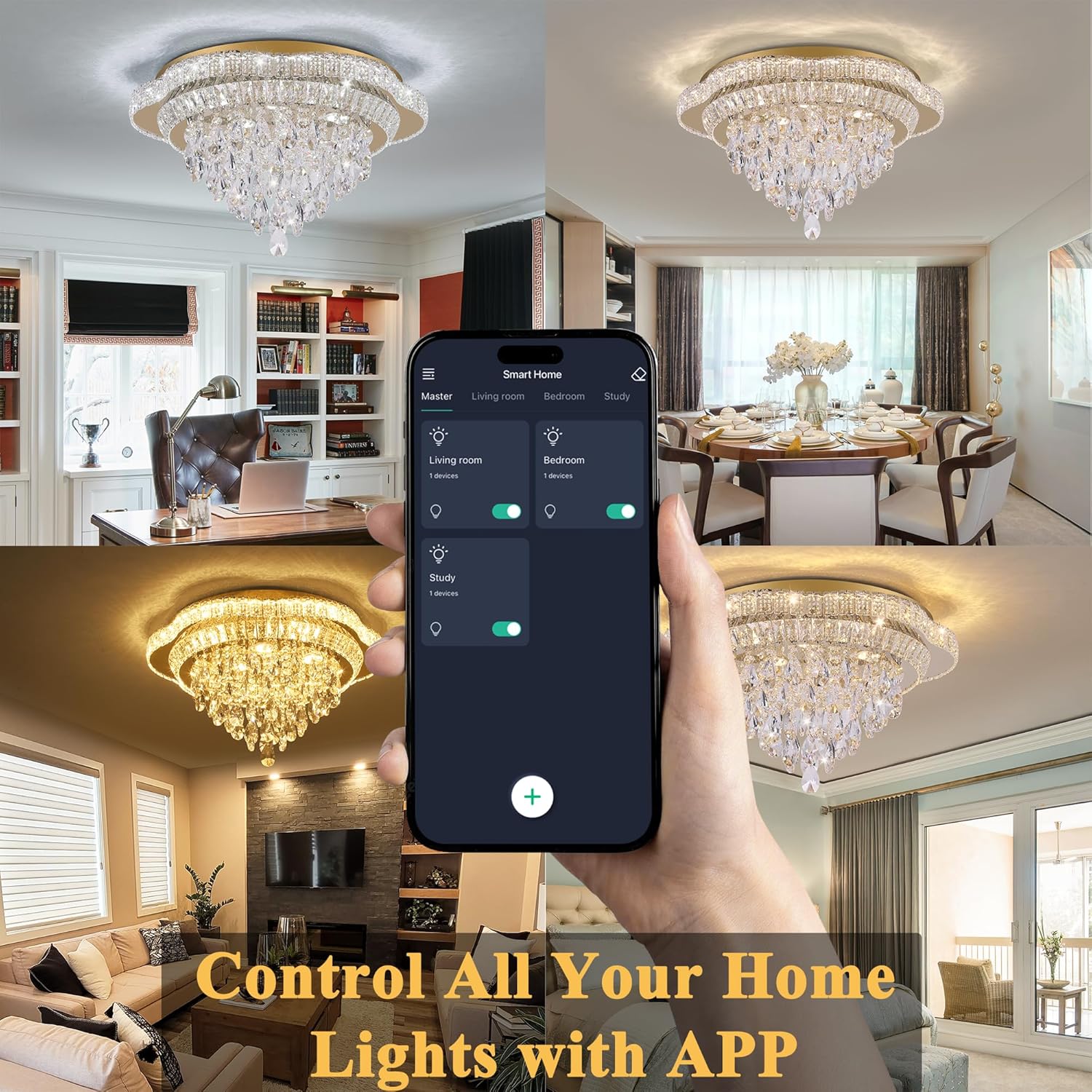 Lámpara de techo LED de cristal dorado de 24" con control remoto, candelabro de montaje empotrado con 3 colores regulables para sala de estar, dormitorio, comedor, pasillo - diseño moderno de