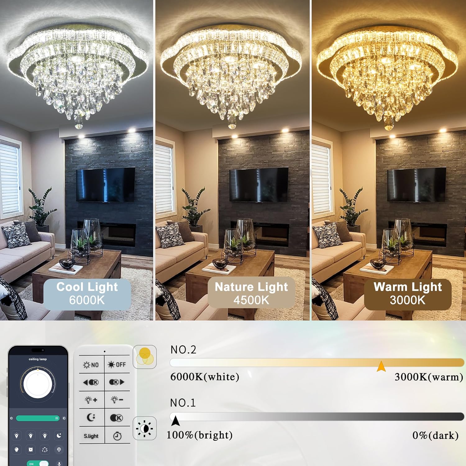 Lámpara de techo LED de cristal dorado de 24" con control remoto, candelabro de montaje empotrado con 3 colores regulables para sala de estar, dormitorio, comedor, pasillo - diseño moderno de