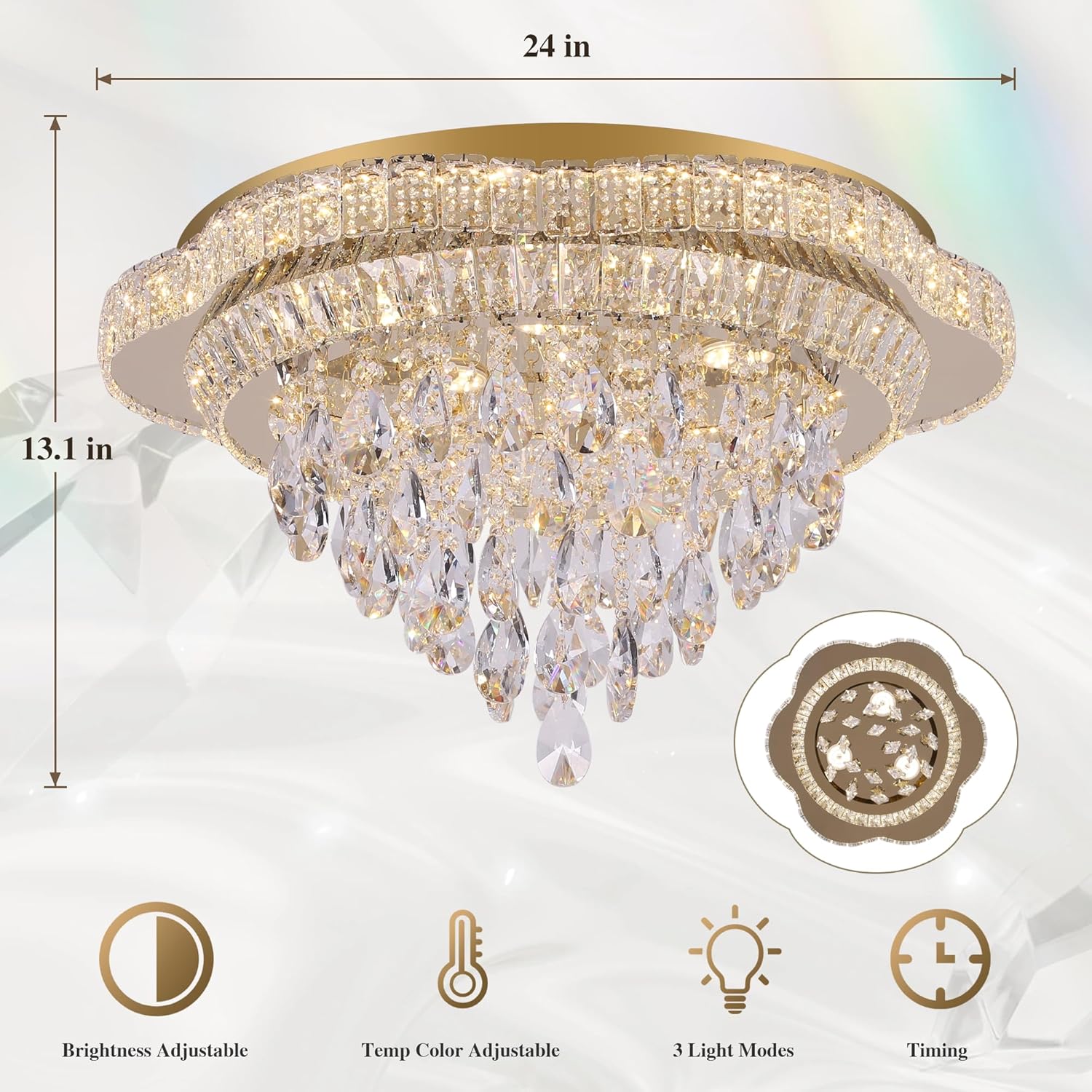 Lámpara de techo LED de cristal dorado de 24" con control remoto, candelabro de montaje empotrado con 3 colores regulables para sala de estar, dormitorio, comedor, pasillo - diseño moderno de