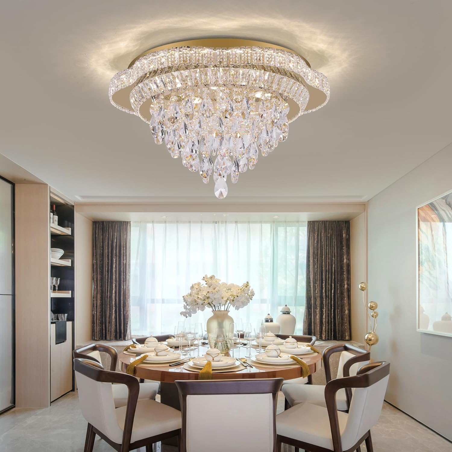 Lámpara de techo LED de cristal dorado de 24" con control remoto, candelabro de montaje empotrado con 3 colores regulables para sala de estar, dormitorio, comedor, pasillo - diseño moderno de