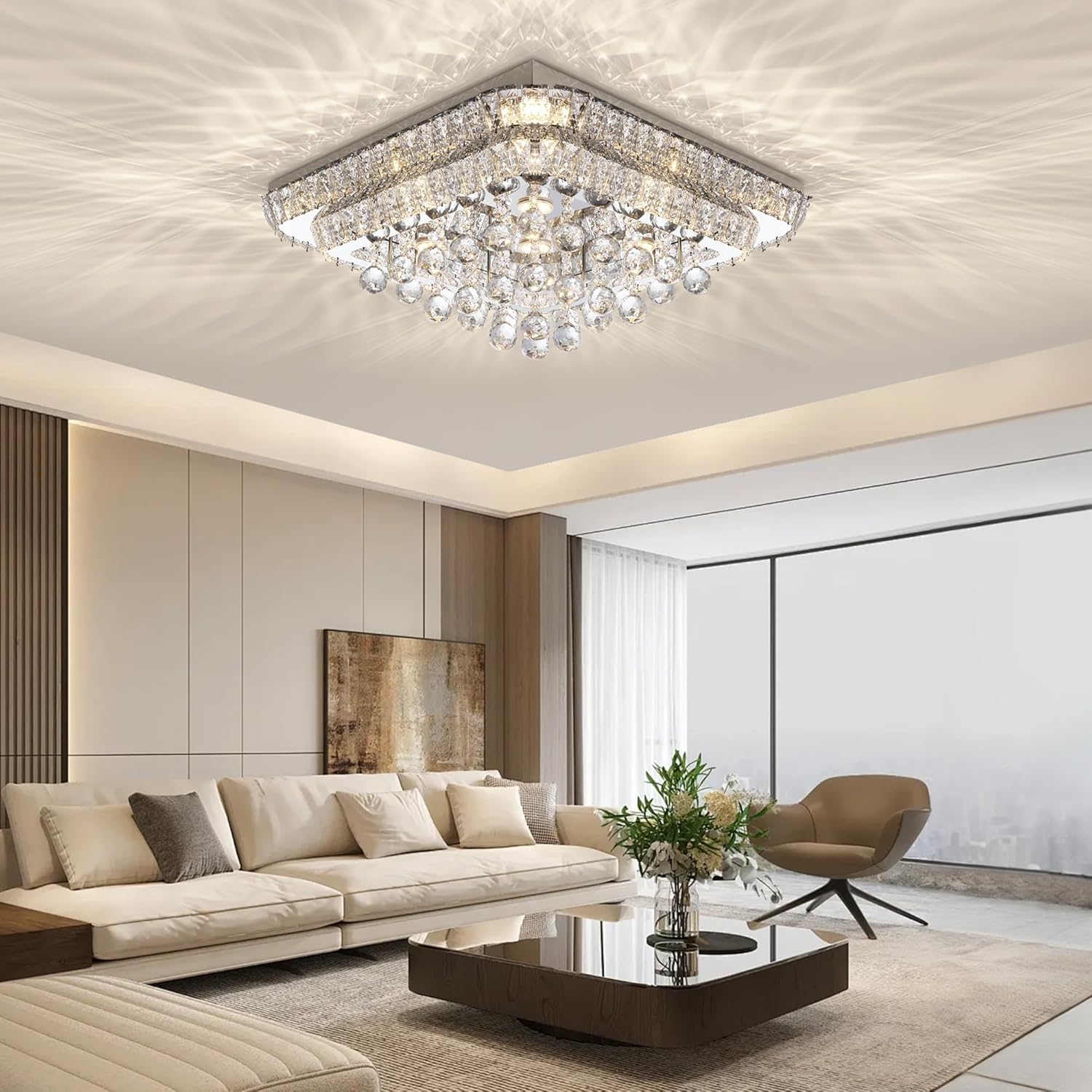 COCOSTAR Lámpara de araña de montaje empotrado de 60 cm de vidrio con control remoto/APP, lámpara de techo LED moderna de gota de lluvia, 3CCT regulable y brillo ajustable, elegantes lámparas de araña