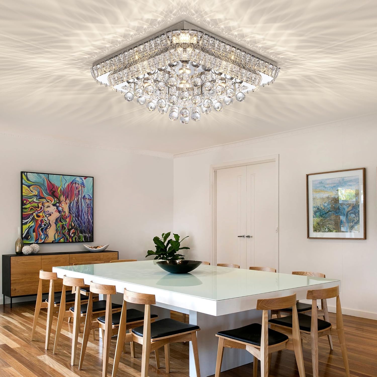 COCOSTAR Lámpara de araña de montaje empotrado de 60 cm de vidrio con control remoto/APP, lámpara de techo LED moderna de gota de lluvia, 3CCT regulable y brillo ajustable, elegantes lámparas de araña