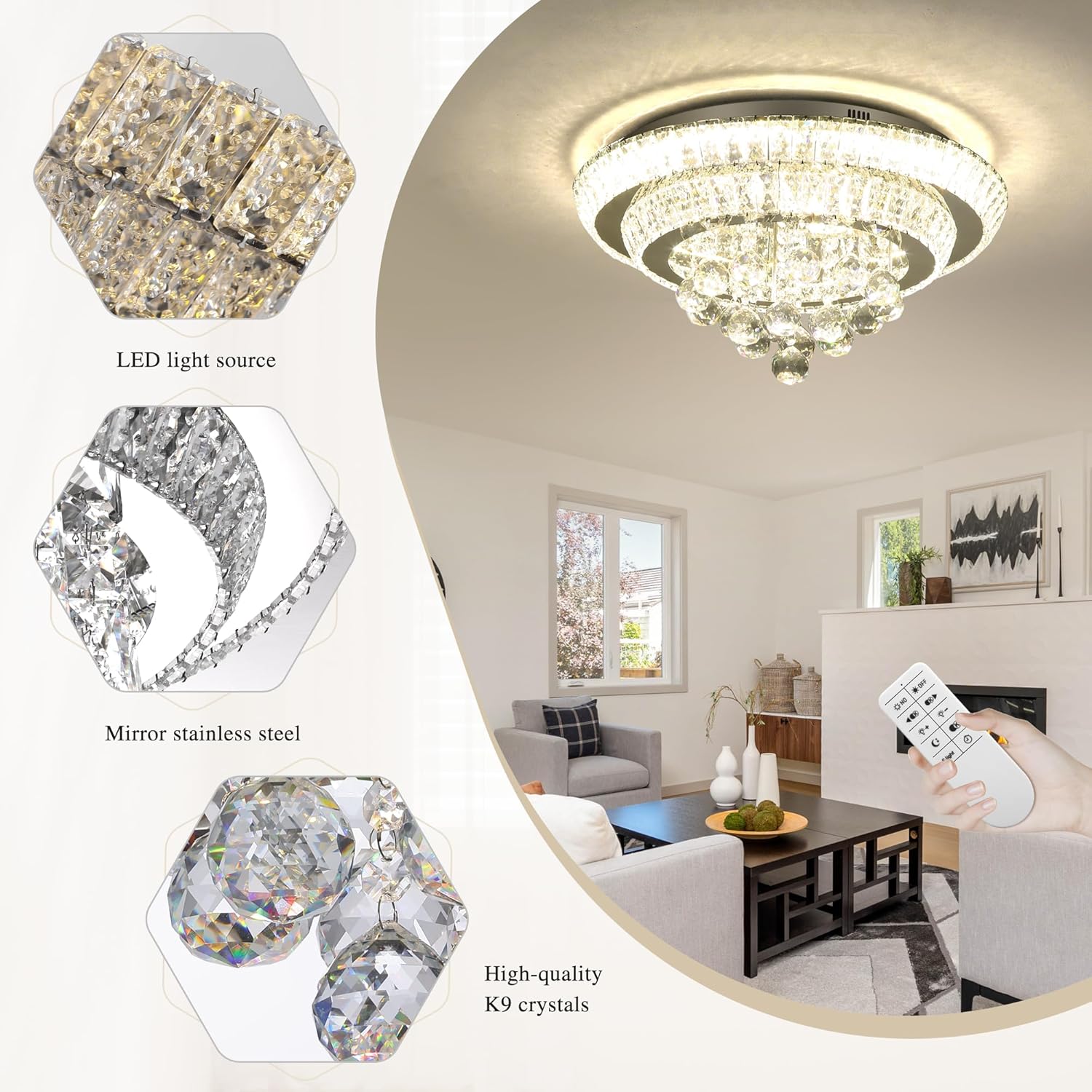 COCOSTAR Candelabros de Cristal de 20", Candelabro de Montaje al Ras con Luz LED de Techo, Candelabros Modernos de Cristal con Gotas de Lluvia para Comedor, Sala de Estar, Dormitorio