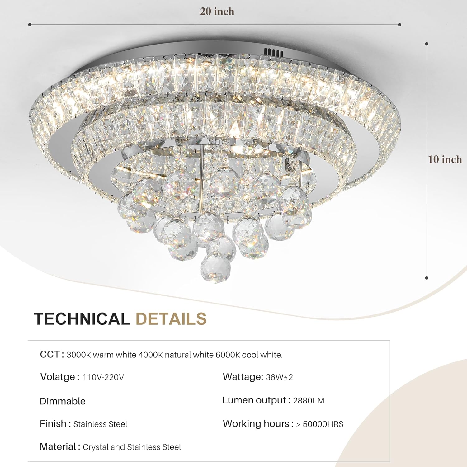 COCOSTAR Candelabros de Cristal de 20", Candelabro de Montaje al Ras con Luz LED de Techo, Candelabros Modernos de Cristal con Gotas de Lluvia para Comedor, Sala de Estar, Dormitorio