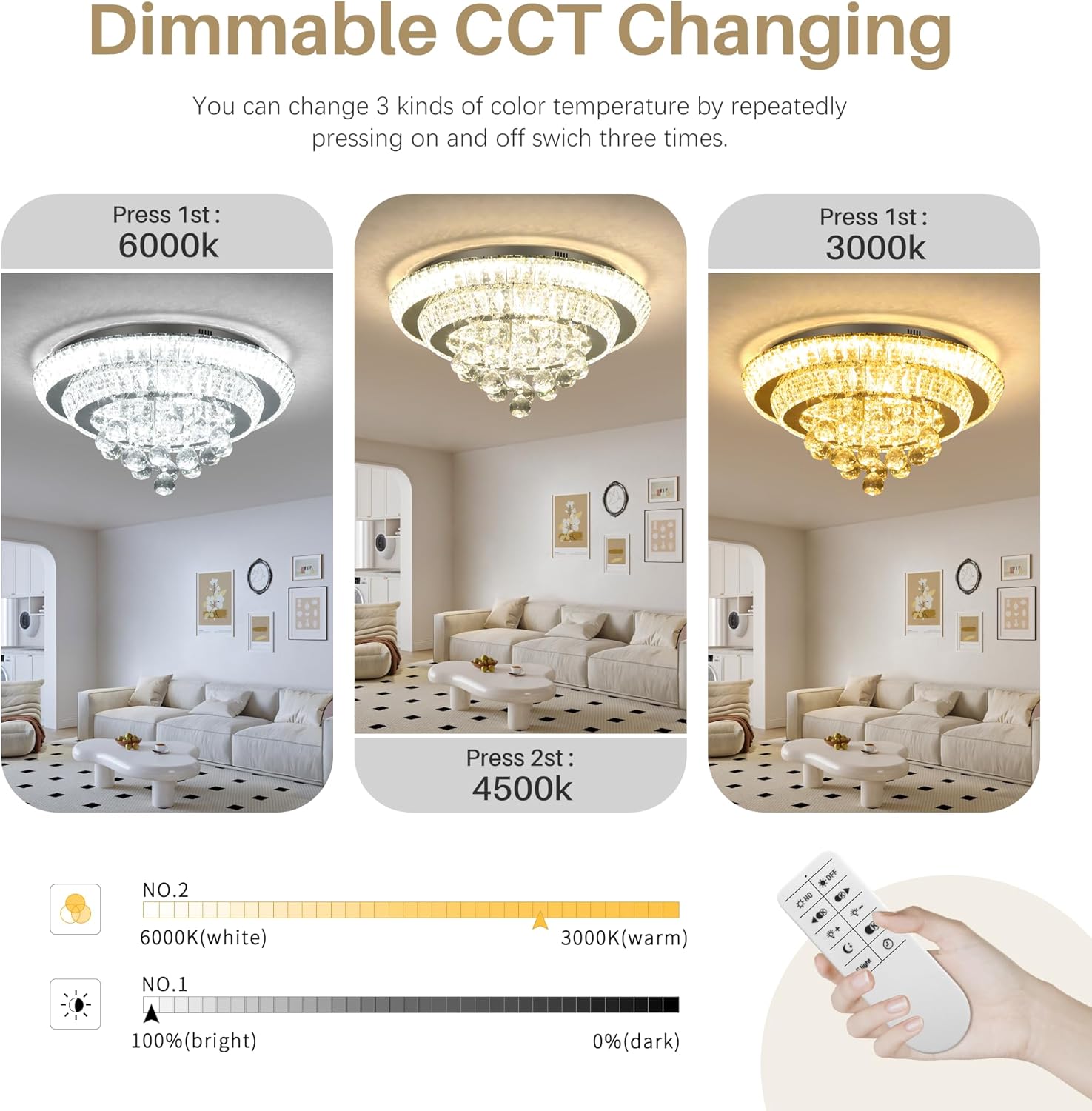 COCOSTAR Candelabros de Cristal de 20", Candelabro de Montaje al Ras con Luz LED de Techo, Candelabros Modernos de Cristal con Gotas de Lluvia para Comedor, Sala de Estar, Dormitorio