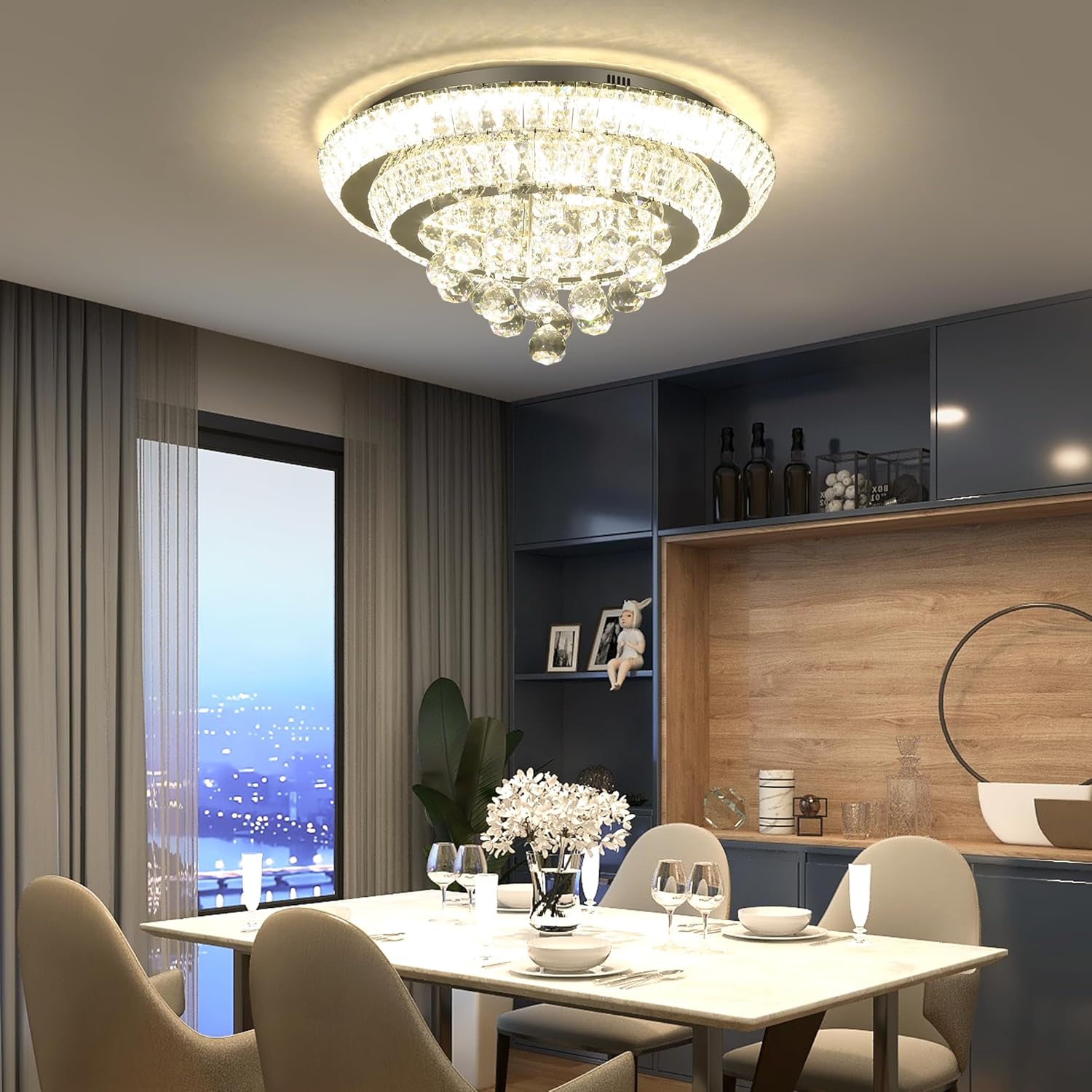 COCOSTAR Candelabros de Cristal de 20", Candelabro de Montaje al Ras con Luz LED de Techo, Candelabros Modernos de Cristal con Gotas de Lluvia para Comedor, Sala de Estar, Dormitorio