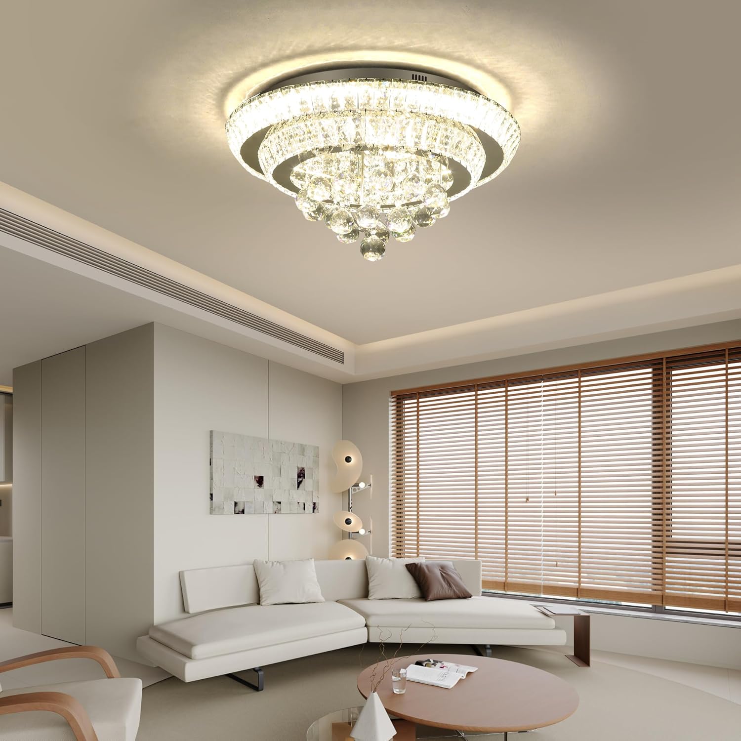 COCOSTAR Candelabros de Cristal de 20", Candelabro de Montaje al Ras con Luz LED de Techo, Candelabros Modernos de Cristal con Gotas de Lluvia para Comedor, Sala de Estar, Dormitorio