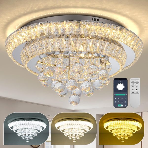 COCOSTAR Candelabros de Cristal de 20", Candelabro de Montaje al Ras con Luz LED de Techo, Candelabros Modernos de Cristal con Gotas de Lluvia para Comedor, Sala de Estar, Dormitorio