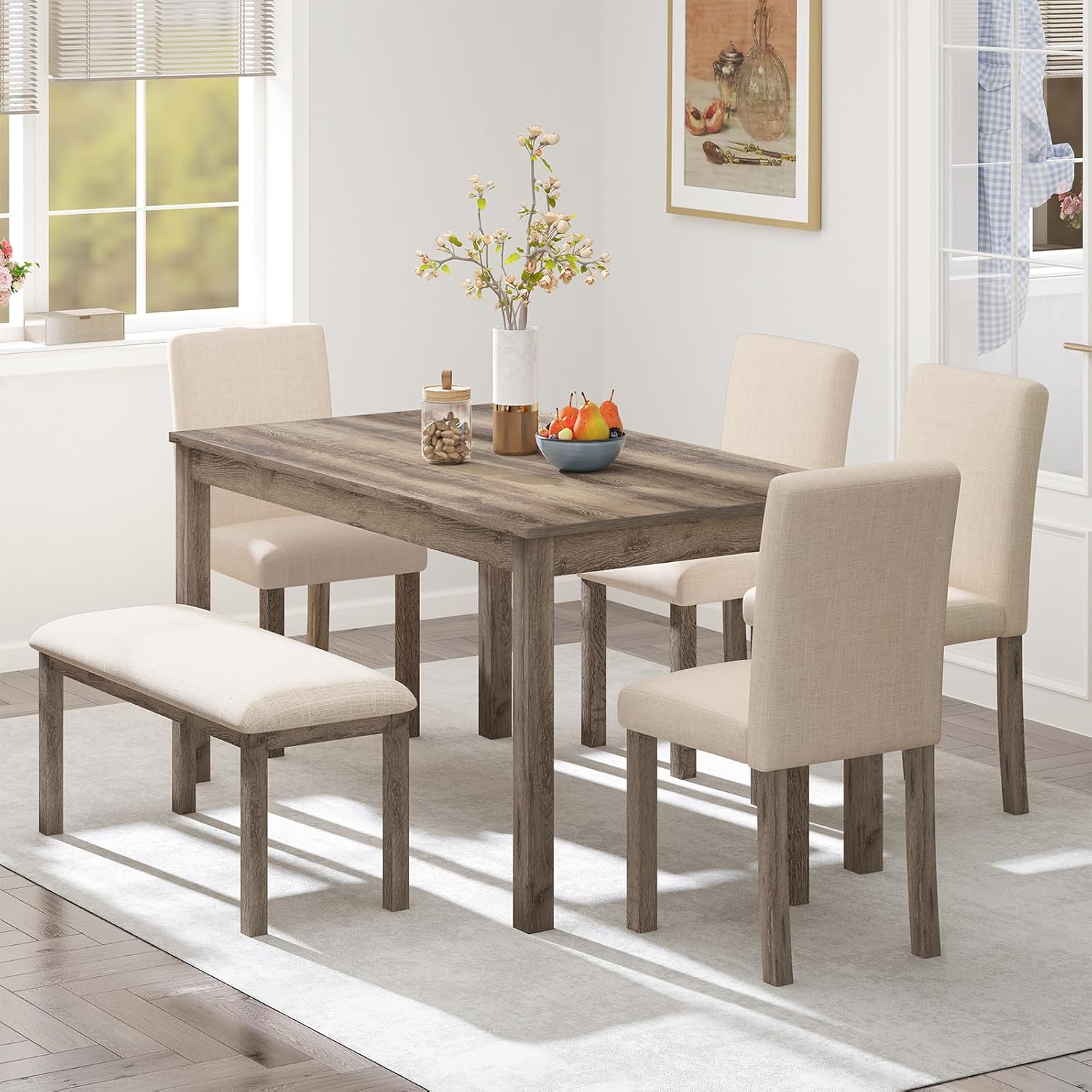 Juego de mesa de comedor de madera maciza de 6 piezas, incluye 1 mesa de comedor, 4 sillas tapizadas y 1 banco, juego de mesa de comedor con patas de madera para comedor, cocina, restaurante