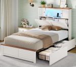 MSmask Bastidor de cama de estilo granja tamaño individual con estantería y gabinetes de almacenamiento en la cabecera, cama de plataforma de madera con luces LED, estación de carga, 4 cajones