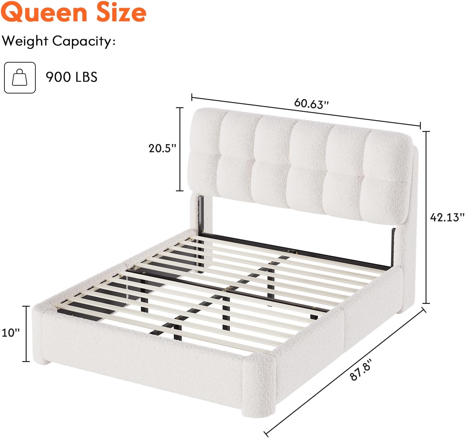 DICTAC Boucle - Marco de cama Queen con cabecero, base de cama tapizada moderna de tamaño Queen con esquinas redondeadas, camas de nube suave, marco de cama de malvavisco, soporte de listones de