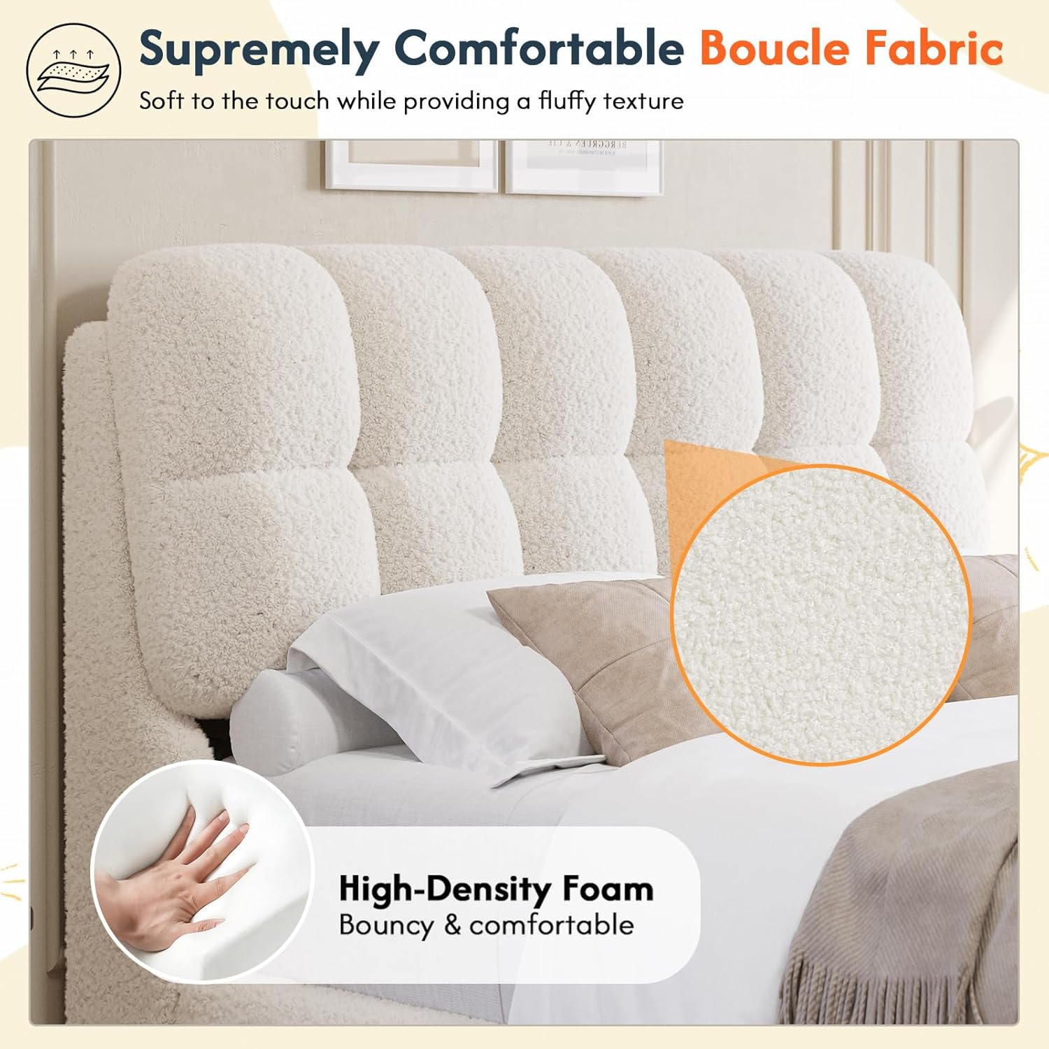 DICTAC Boucle - Marco de cama Queen con cabecero, base de cama tapizada moderna de tamaño Queen con esquinas redondeadas, camas de nube suave, marco de cama de malvavisco, soporte de listones de