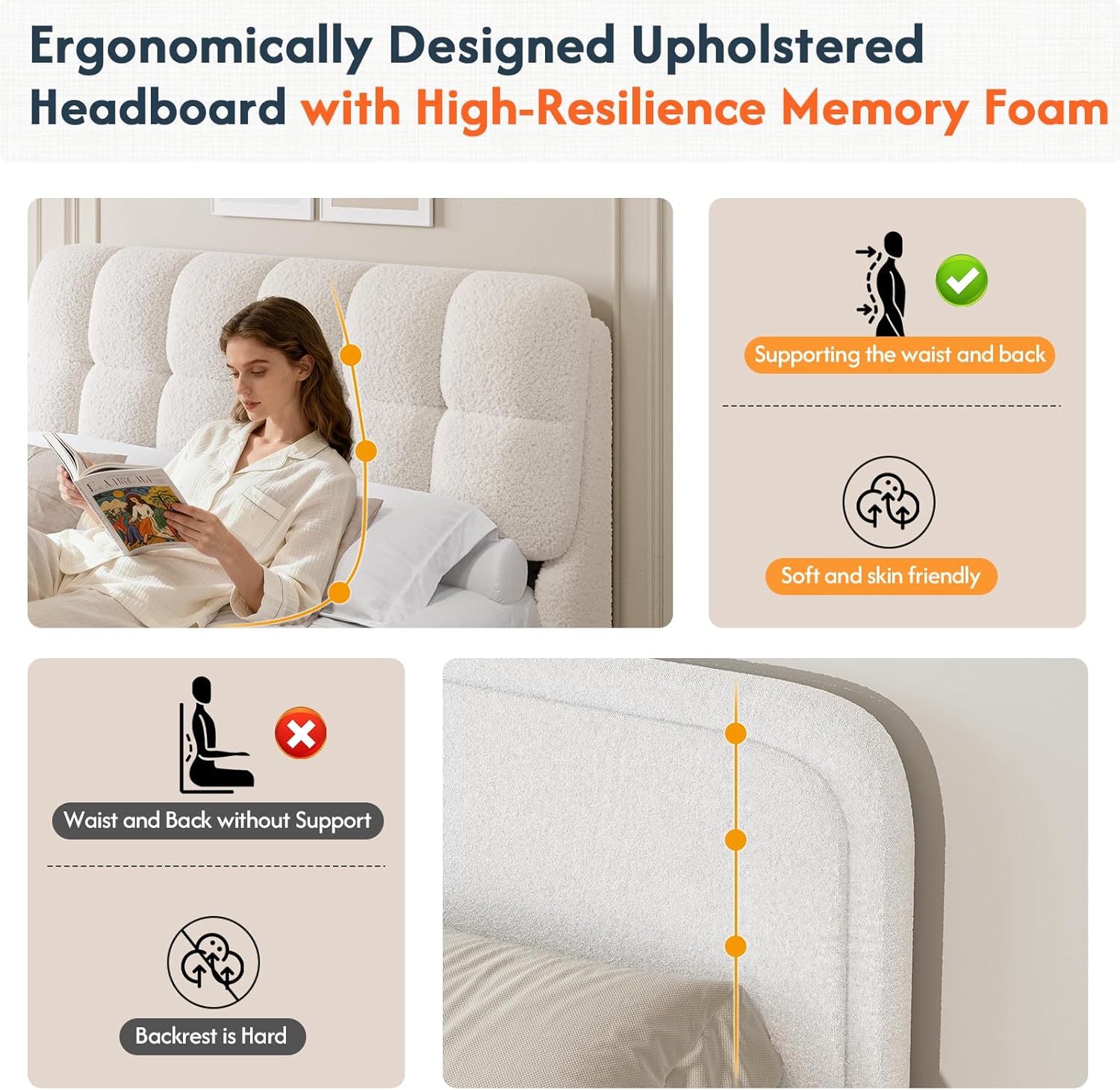 DICTAC Boucle - Marco de cama Queen con cabecero, base de cama tapizada moderna de tamaño Queen con esquinas redondeadas, camas de nube suave, marco de cama de malvavisco, soporte de listones de