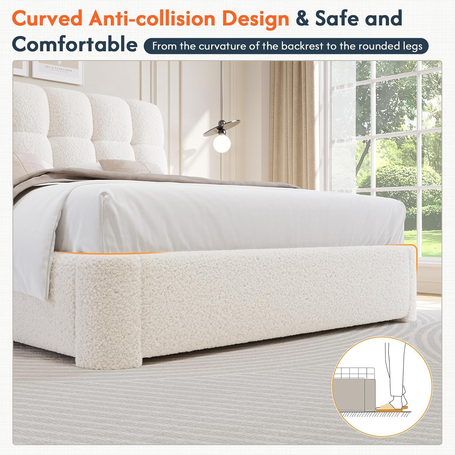 DICTAC Boucle - Marco de cama Queen con cabecero, base de cama tapizada moderna de tamaño Queen con esquinas redondeadas, camas de nube suave, marco de cama de malvavisco, soporte de listones de