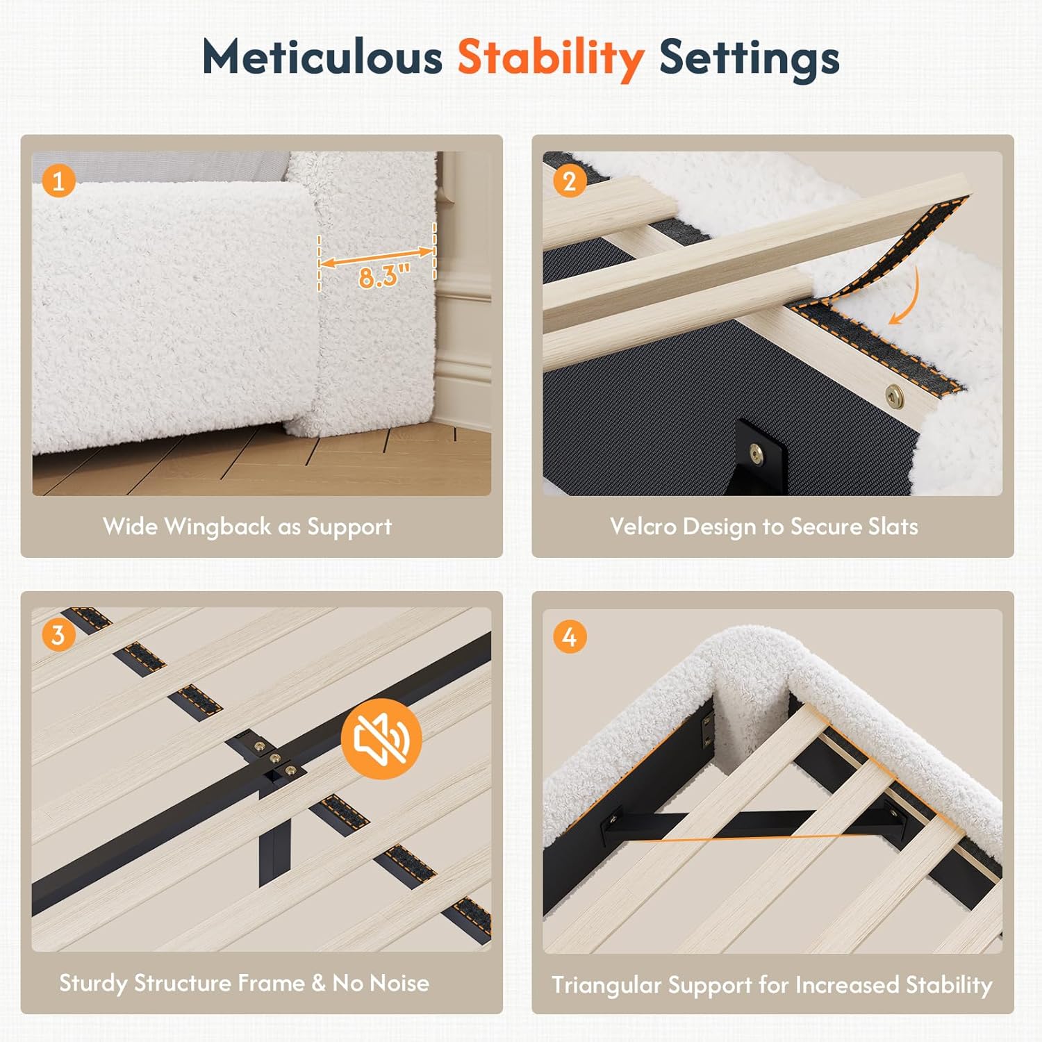 DICTAC Boucle - Marco de cama Queen con cabecero, base de cama tapizada moderna de tamaño Queen con esquinas redondeadas, camas de nube suave, marco de cama de malvavisco, soporte de listones de