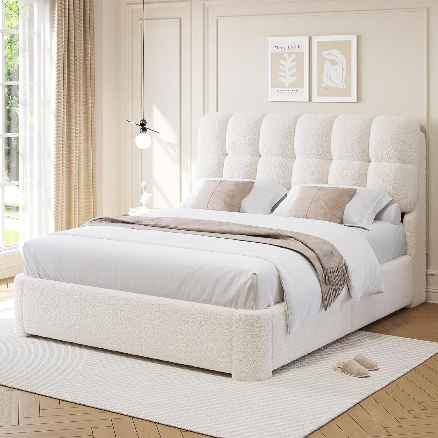 DICTAC Boucle - Marco de cama Queen con cabecero, base de cama tapizada moderna de tamaño Queen con esquinas redondeadas, camas de nube suave, marco de cama de malvavisco, soporte de listones de