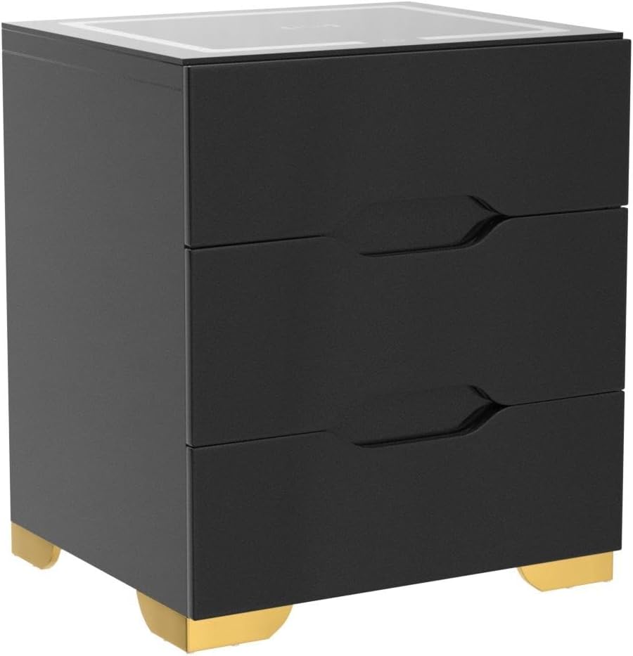 Mesita de noche inteligente negra con estación de carga inalámbrica y carga USB, mesita de noche inteligente de alto brillo con luces LED ajustables, organizador de mesa auxiliar para