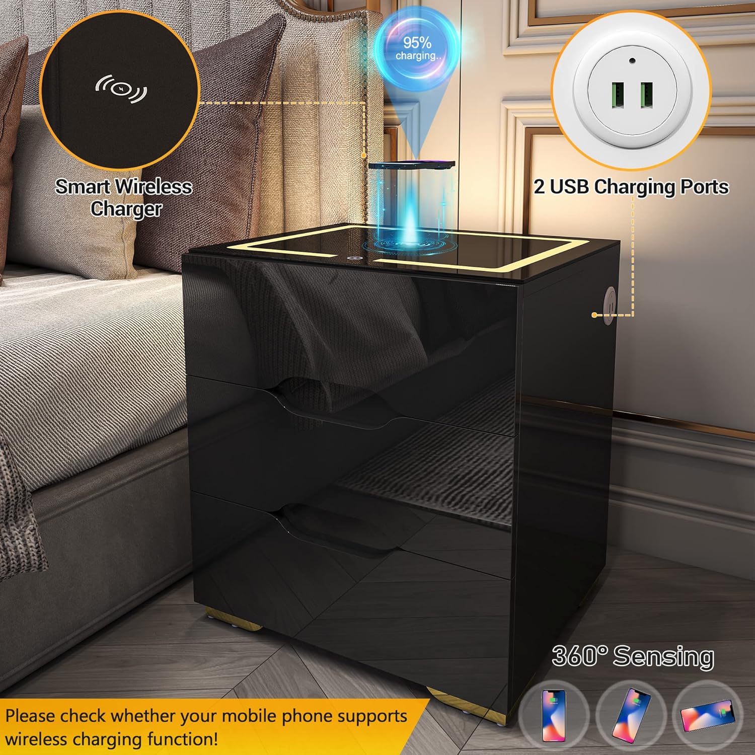 Mesita de noche inteligente negra con estación de carga inalámbrica y carga USB, mesita de noche inteligente de alto brillo con luces LED ajustables, organizador de mesa auxiliar para